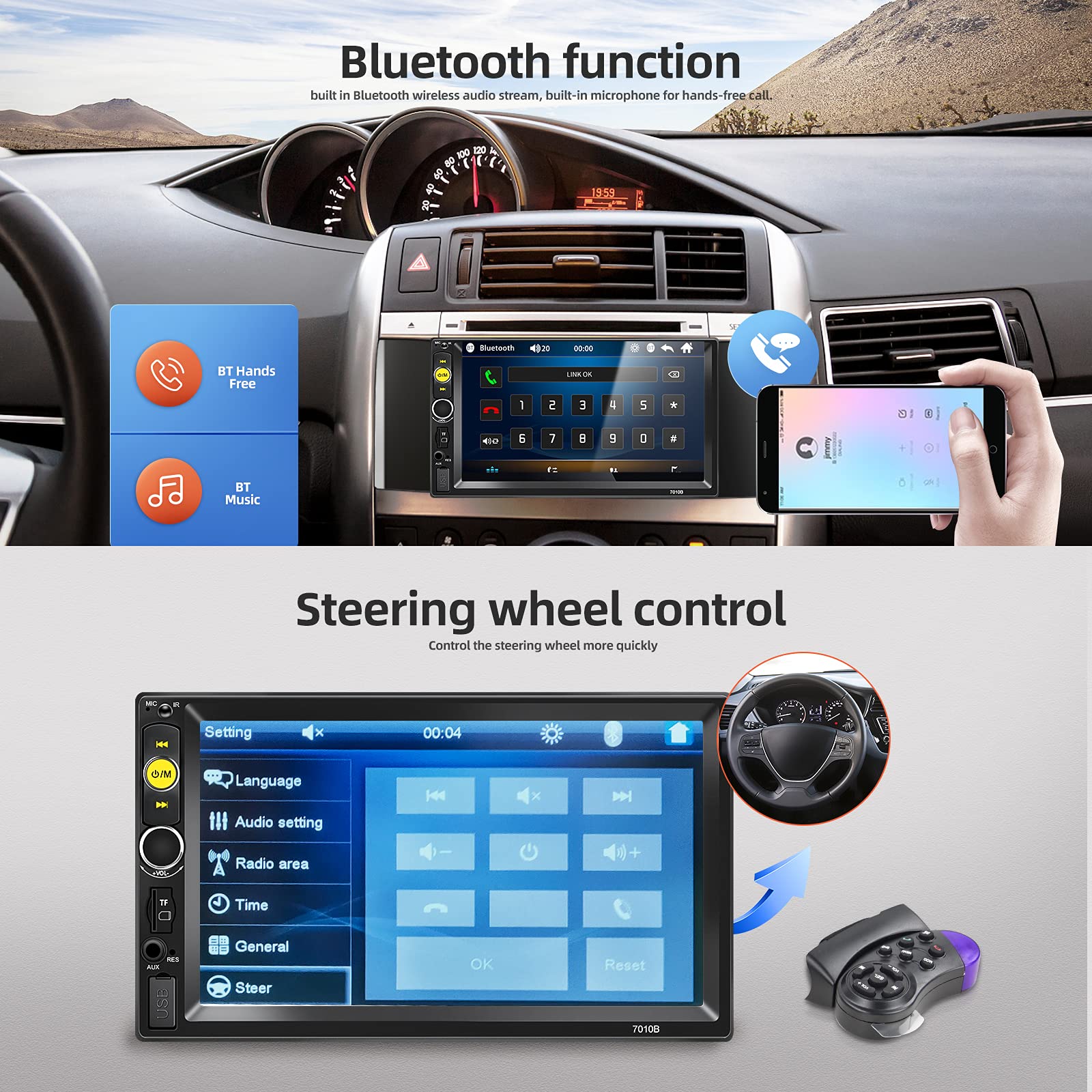 Double Din Bluetooth Car Stereo 7 Inch Hd Touch Screen Car Radio With Backup Camera Support Mirror Link For Android/Ios