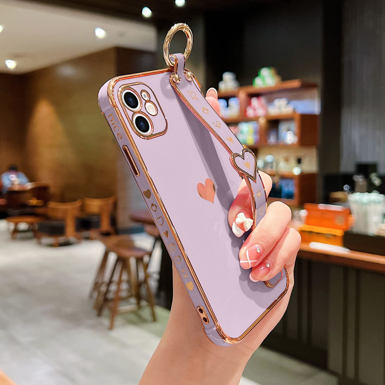Llz.Coque Iphone 11 Cute Love Heart Case With Wristband, Bling Silicone Bumper, Camera Lens Protection   Purple (6.1'')