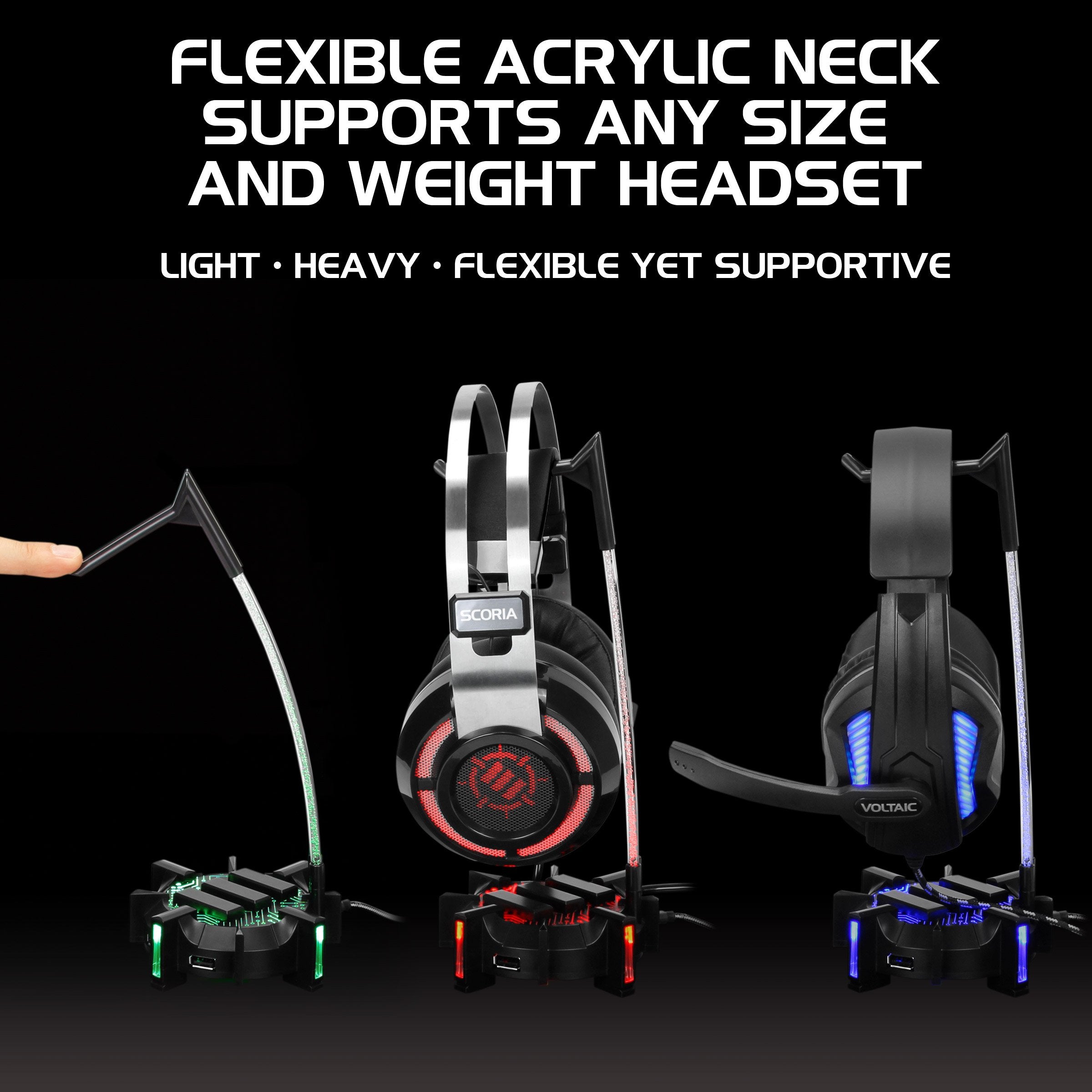 Enhance Gaming Headphone Stand Headset Holder With 4 Port Usb Hub, Customizable Led Lighting, Flexible Acrylic Neck - Universal