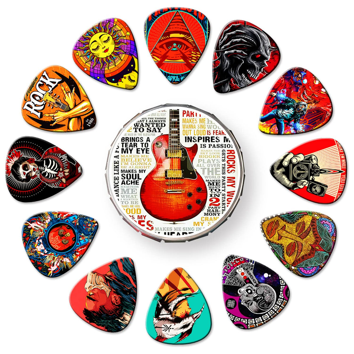 Guitar Picks 24 Pack Thin, Medium, Heavy & Extra Heavy Picks With Tin Box ,Variety Pack Artistic Celluloid Guitar Pick For Bass 