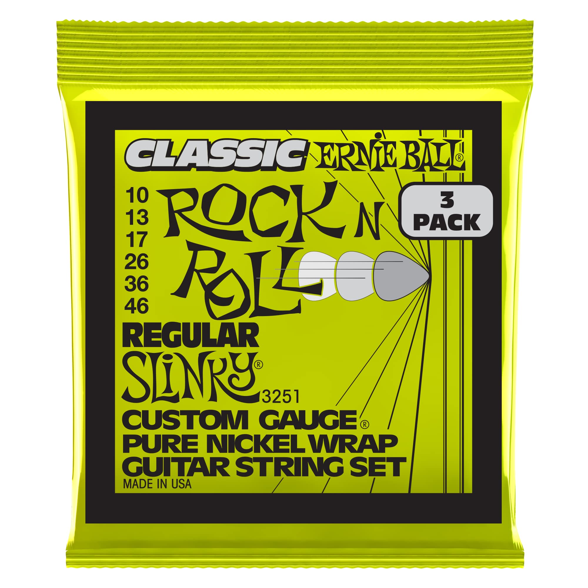 Ernie Ball Regular Slinky Classic Pure Nickel Electric Guitar Strings 3 Pack, 10 46 Gauge (P03251)