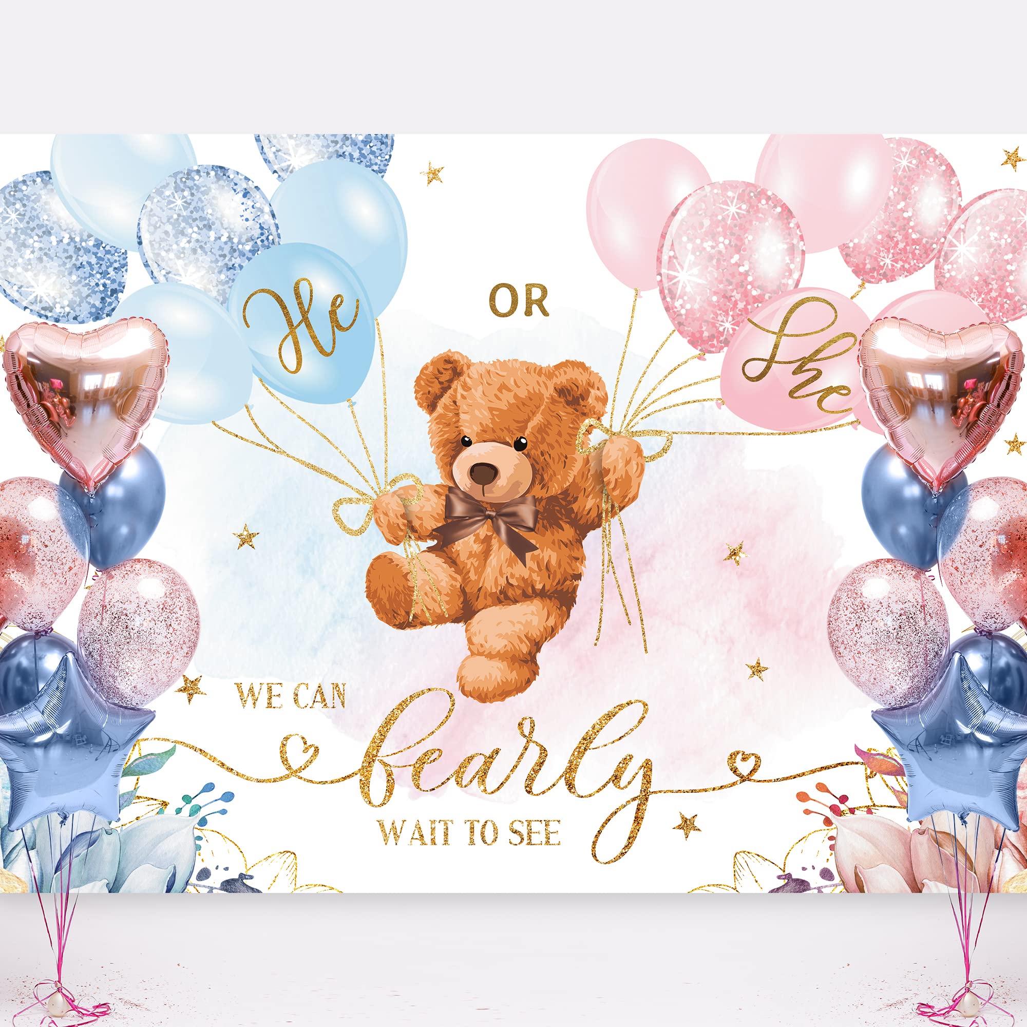 Lightinhome Bear Gender Reveal Backdrop 8Wx6H Feet He Or She Pink Or Blue Cute Floral Balloon Stars We Can Bearly Wait Baby Show