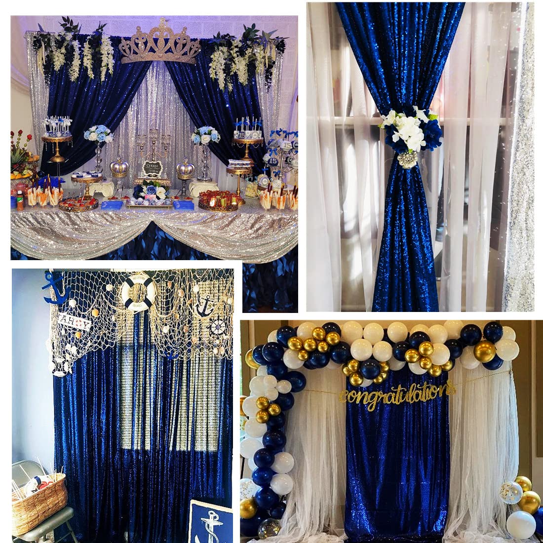 Poise3Ehome 4Pcs 2Ft X 8Ft Blue Sequin Backdrop Curtains, Glitter Photography Backdrop, Sequence Xmas Thanksgiving Backdrop (Nav
