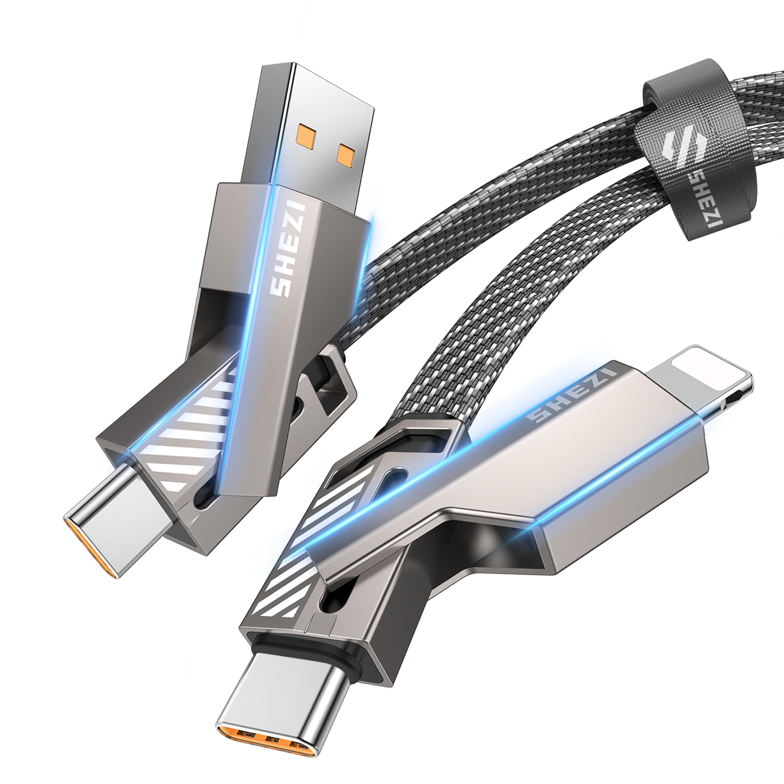 Shezi 4 In 1 Usb C Cable Lightning Cable 5Ft 60W, High Speed Charging [480Mbps Data Sync] Flat Nylon Braided Multi Charger Cord