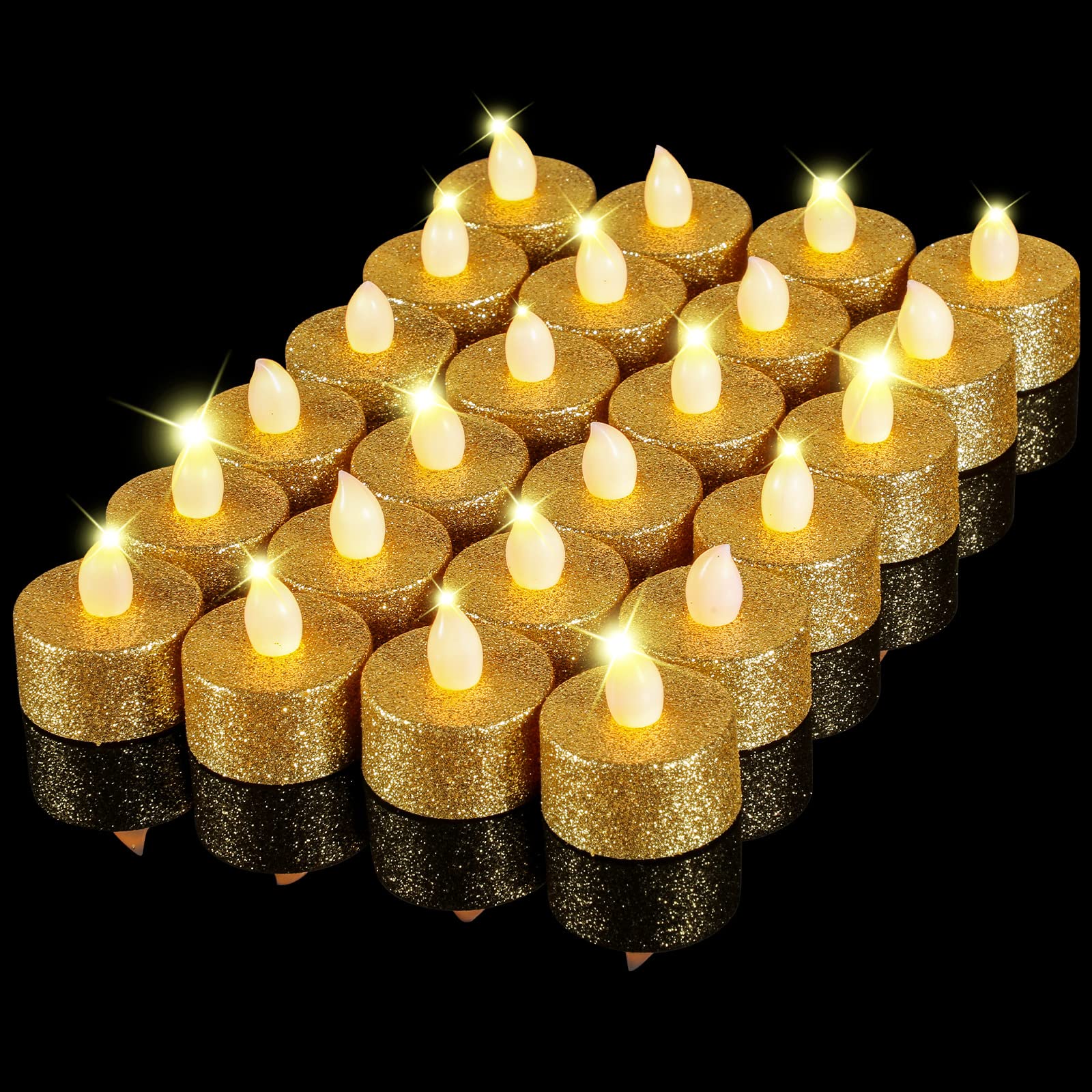 Mudder 24 Pieces Gold Tea Lights Led Candles Tealights Flameless Votive Battery Operated Tea Lights Electric Glitter Tealight Fo