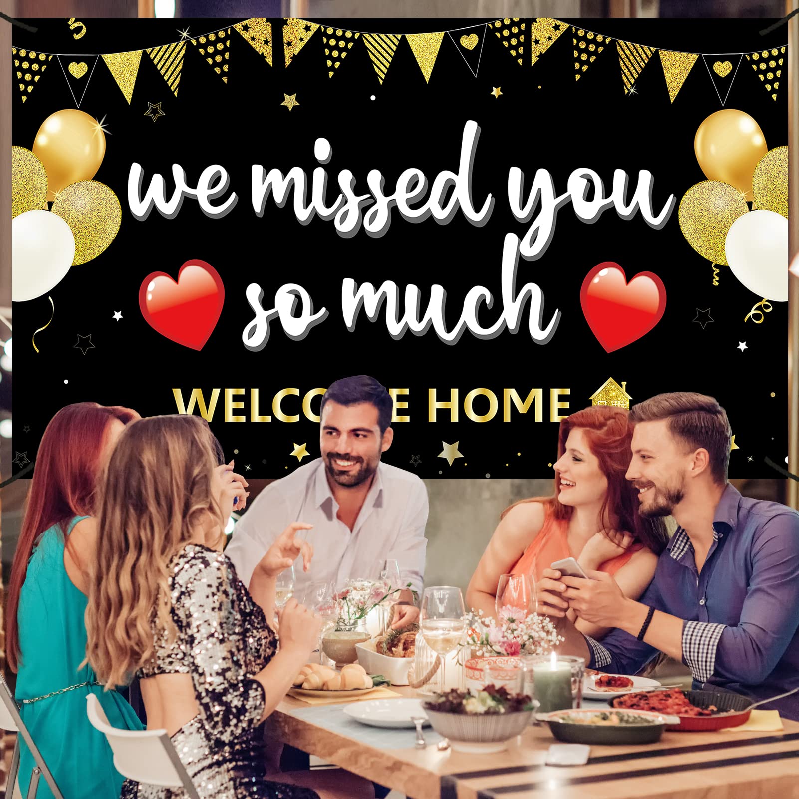 Pimvimcim Welcome Home Banner, Polyester Decoration With Copper Ring Holes, 'We Missed You So Much' Sign, 73 X 44 Inches, Red, F