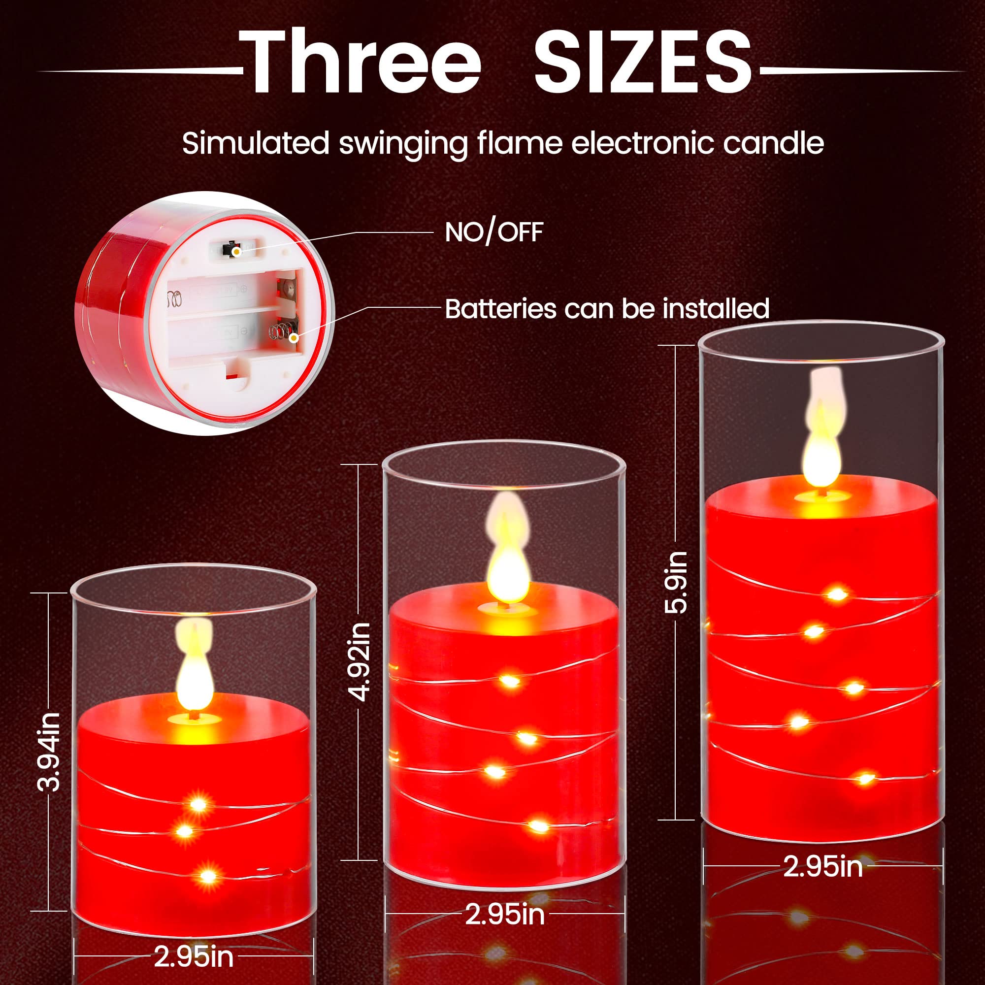 Da By Red Flameless Candles With String Lights, Battery Operated Candles With Remote And Timer,Flickering Acrylic Led Pillar Can