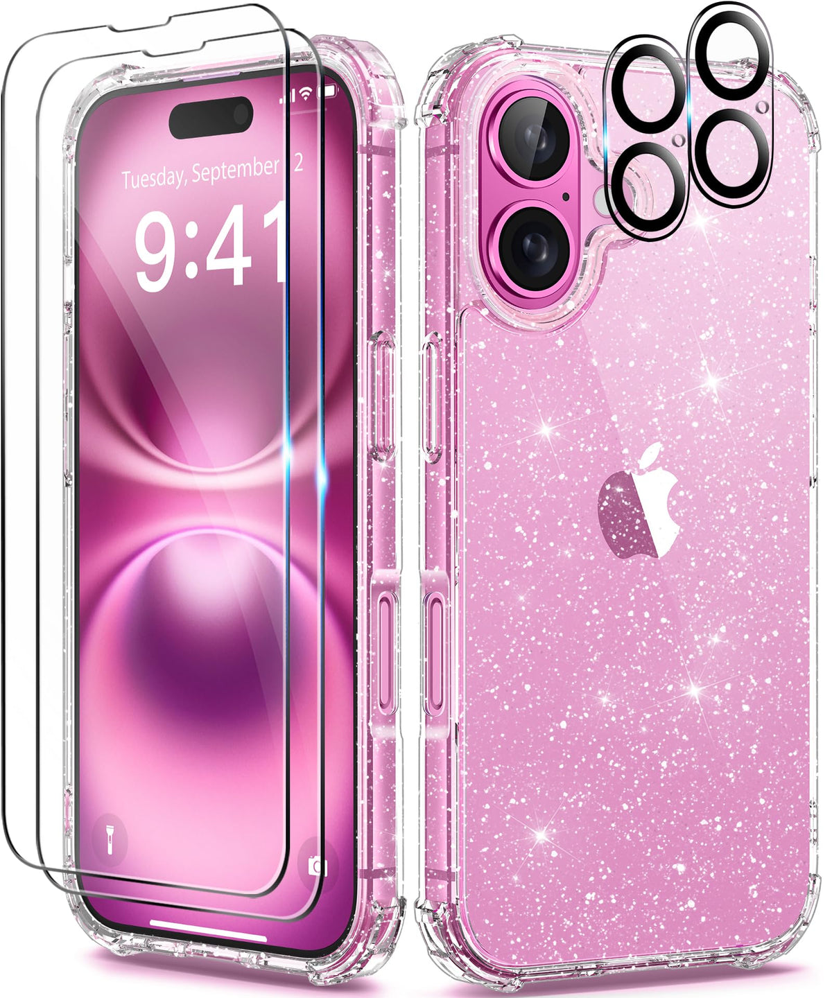 Berfy Compatible With Iphone 16 Case Glitter, [5 In 1] With 2X Screen Protector + 2X Camera Lens Protector, [Non Yellowing] Clea