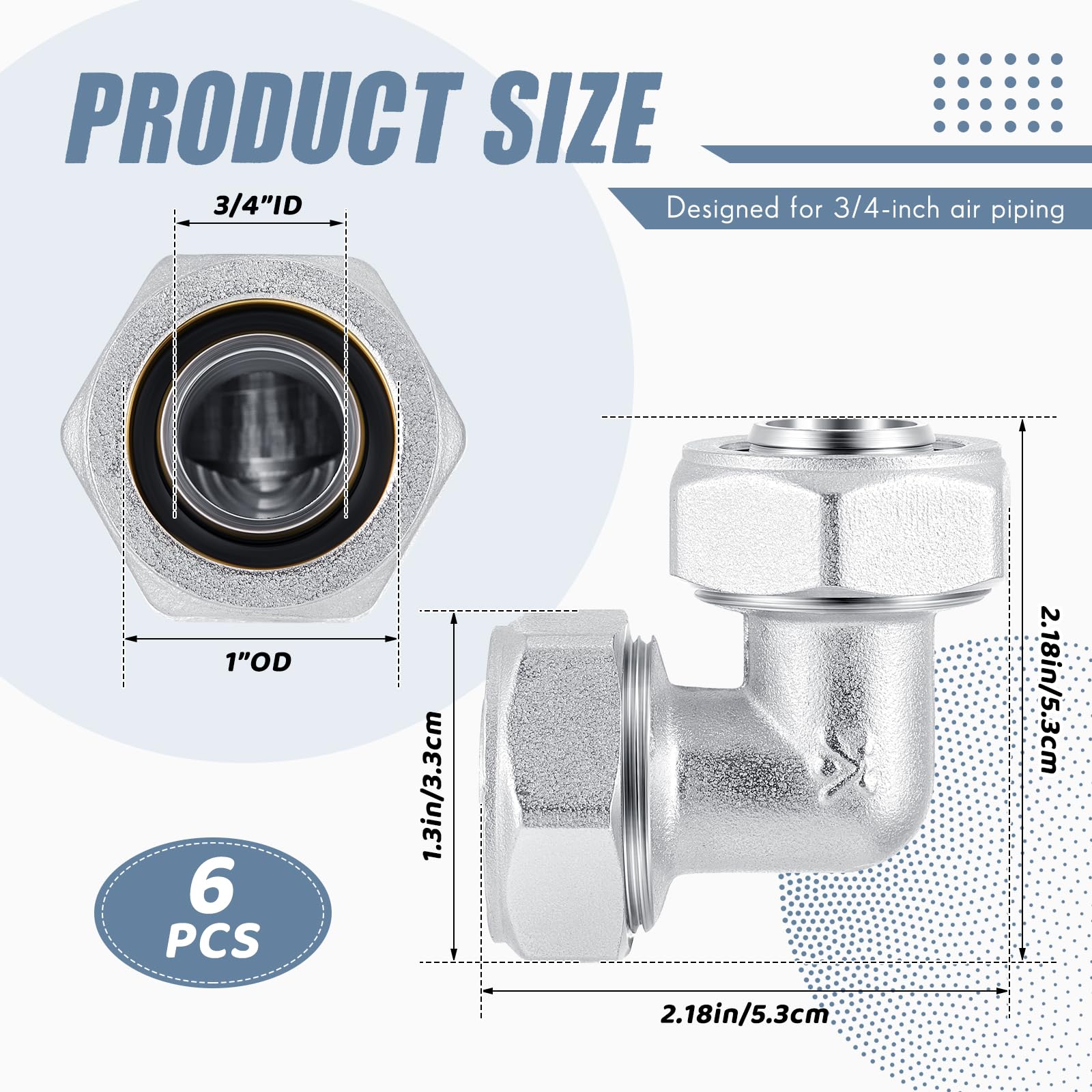 Yaocom 6 Pcs 3/4 Elbow Air Piping Fittings,Brass-Nickel Plated,200Psi,Tubing Fittings For Shop Compressed Air Line System Kit