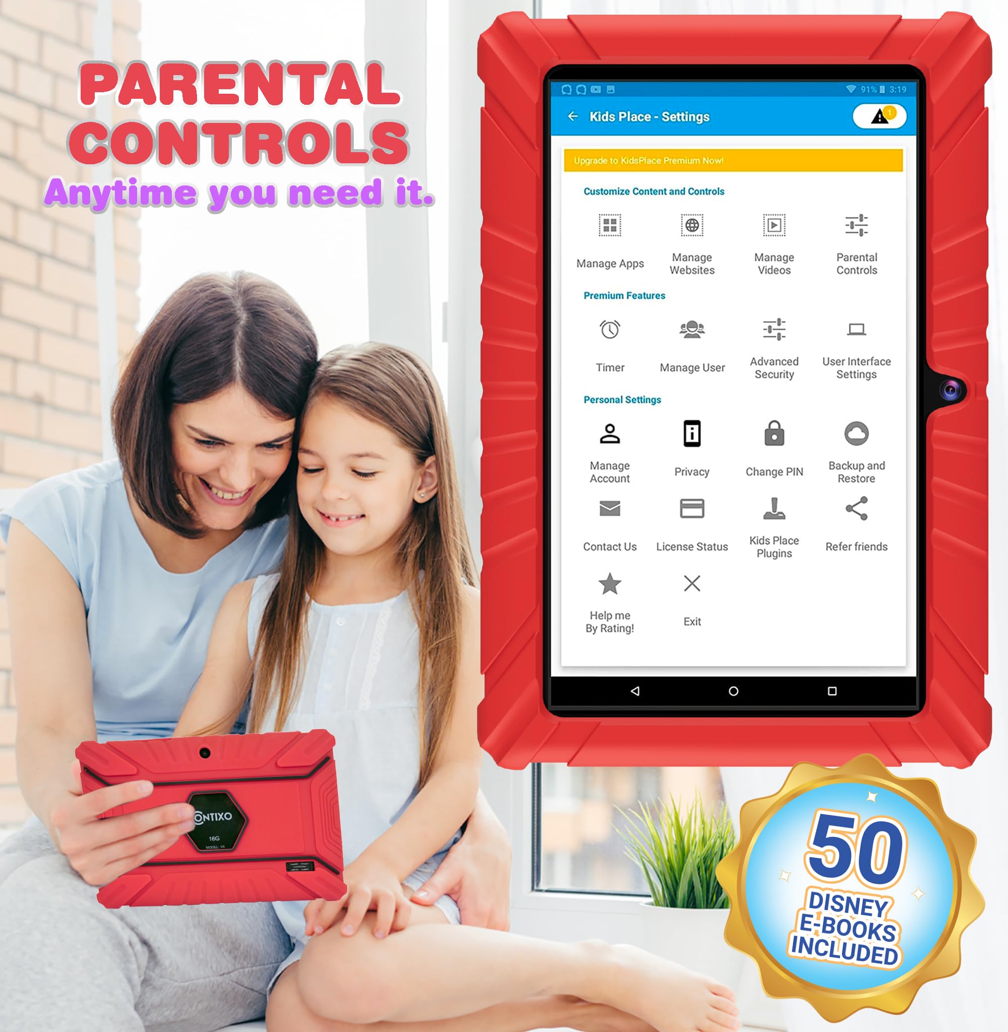 Contixo Kids Tablet V8, 7 Inch Hd, Ages 3 7, Toddler Tablet With Camera, Includes 50+ Disney Storybooks & Stickers (Value $200)   Android 11, 32Gb, (2023 Model), Red