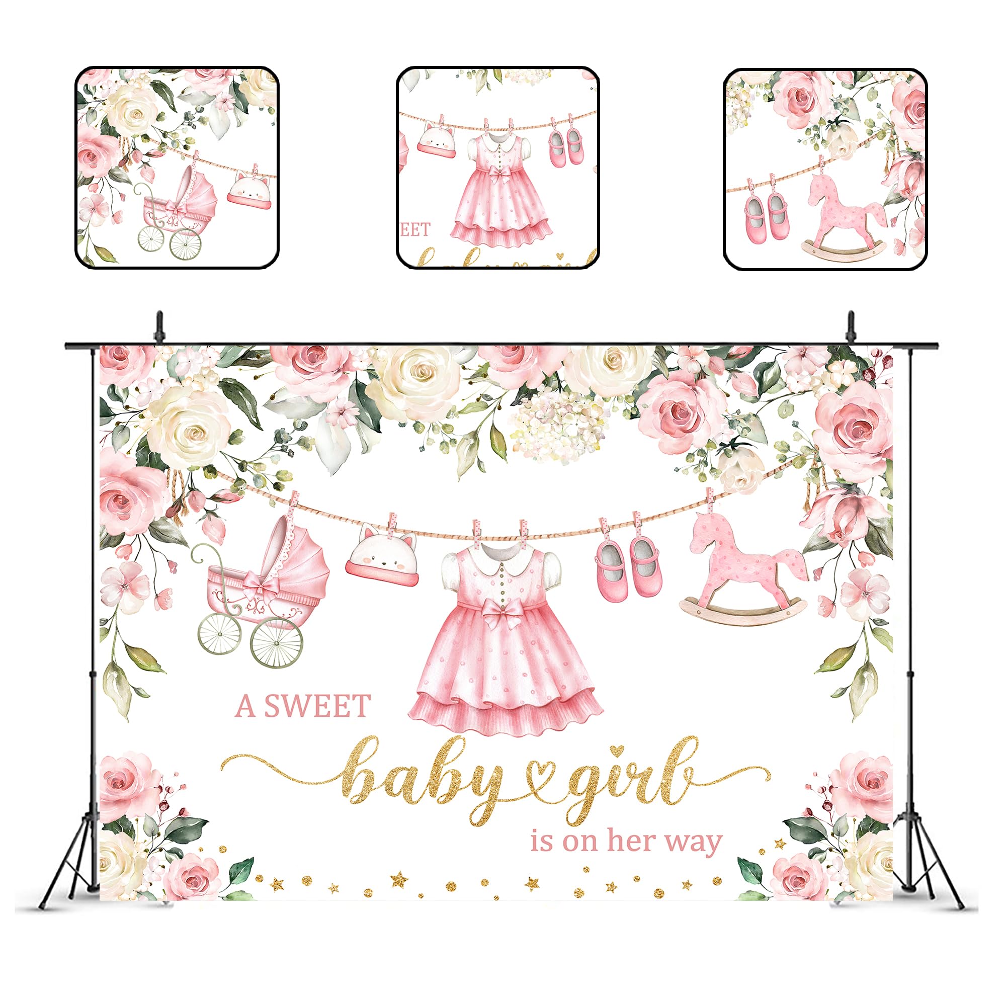 Glawry Baby Girl Backdrop For Baby Shower 7Wx5H Feet It'S A Girl Banner Cute Sweet Cartoon Watercolor Pink Floral Roses Eucalypt