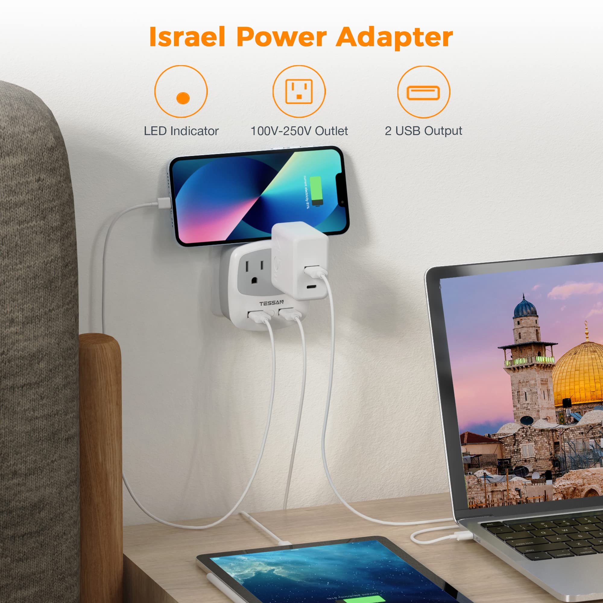 Tessan Israel Power Adapter, Type H Travel Plug Converter Adaptor With 2 Usb Ports 2 American Outlets For Us To Israel Jerusalem