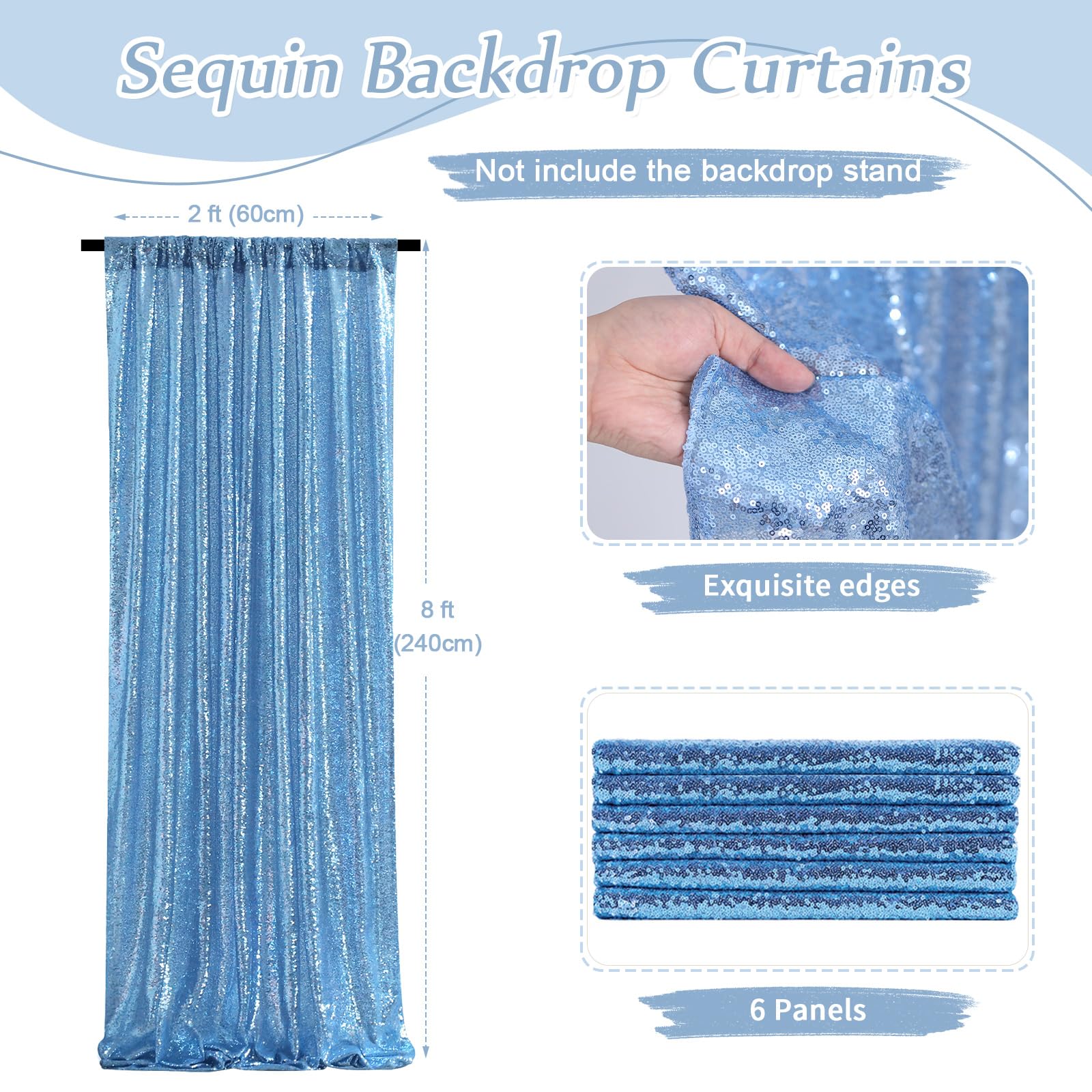 Soardream Baby Blue Glitter Sequin Backdrop Curtains 6 Pieces 2Ftx8Ft Dessert Backdrop Wedding Party Decor Glitter Photography B