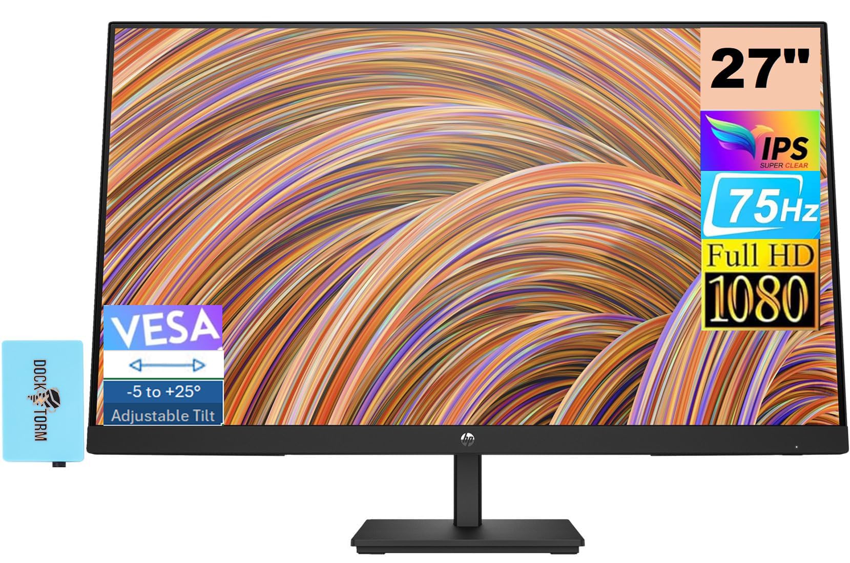 HP V27 G5 FHD IPS Monitor 65P64AA#ABA Bundle with Docztorm Dock, FHD IPS (1920x1080) 75Hz Display, 1 HDMI 1.4, 1 DP 1.2, VESA Mo