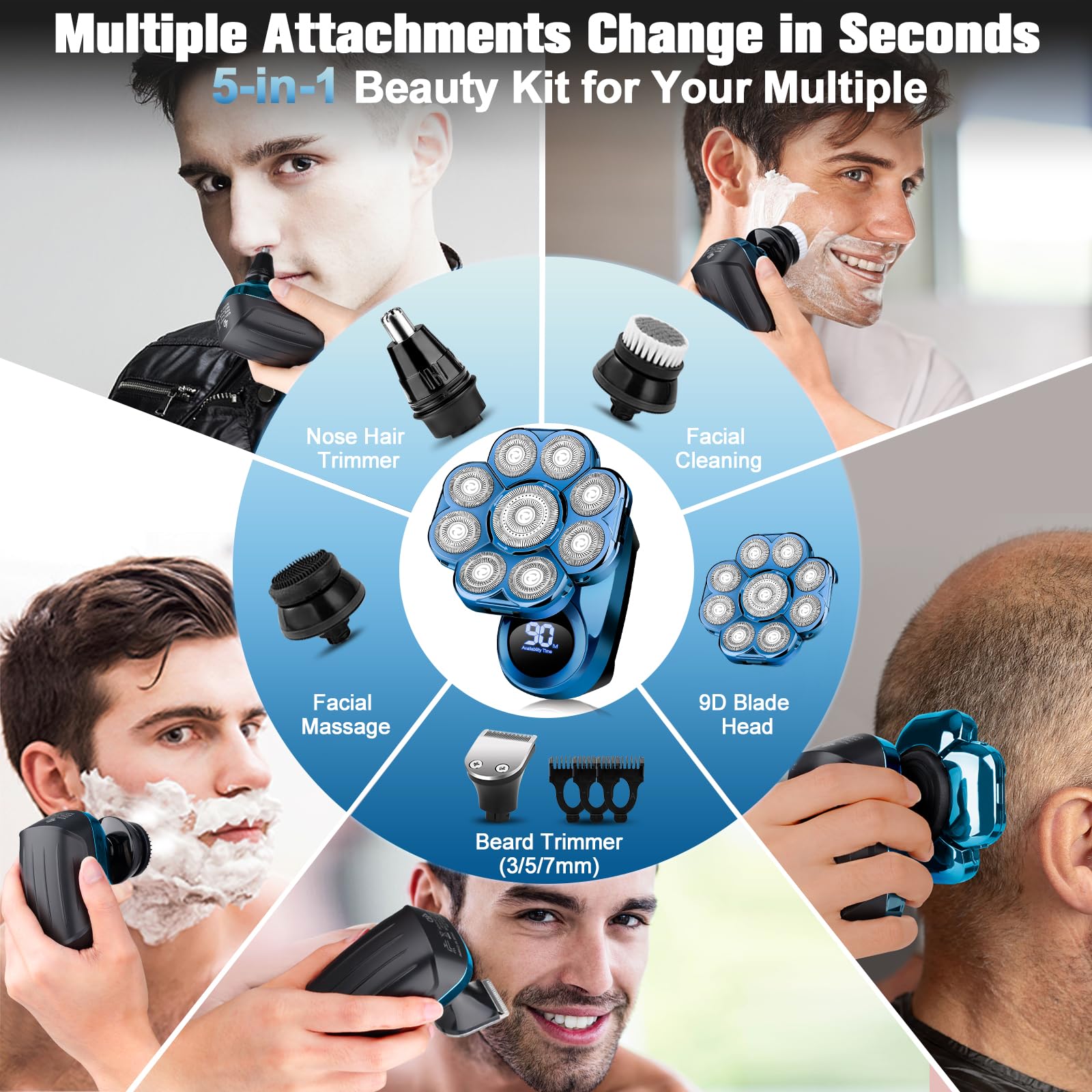 9D Electric Head Shaver For Bald Men, Upgraded 6 In 1 Head Shaver For Bald Men, Waterproof Wet/Dry Grooming Kit Electric Shaver
