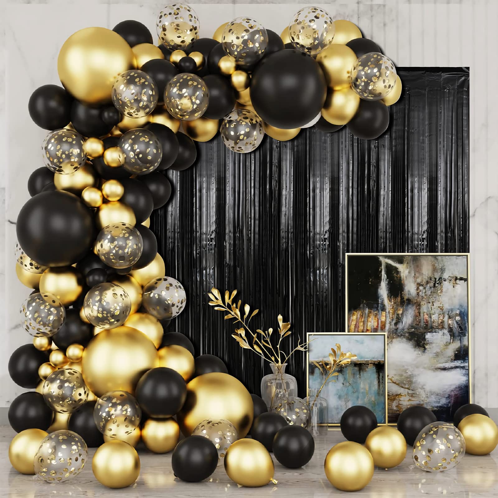 Crosize 2 Pack 3.3 X 9.9 Ft Black Foil Fringe Backdrop Curtain, Streamer Backdrop Curtains, Streamers Birthday Party Decorations