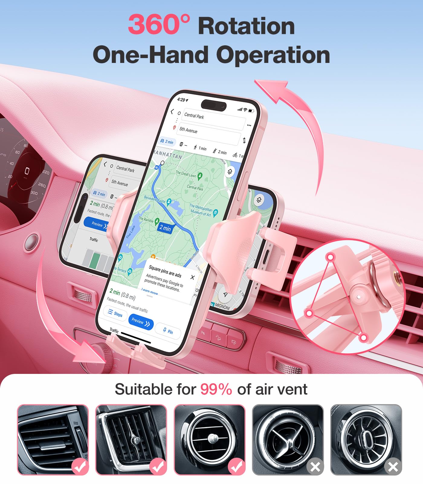 VICSEED Pink Car Phone Holder - Sturdy Air Vent Mount for iPhone, Samsung, Android - Hands-Free Easy Clamp Cradle Accessory