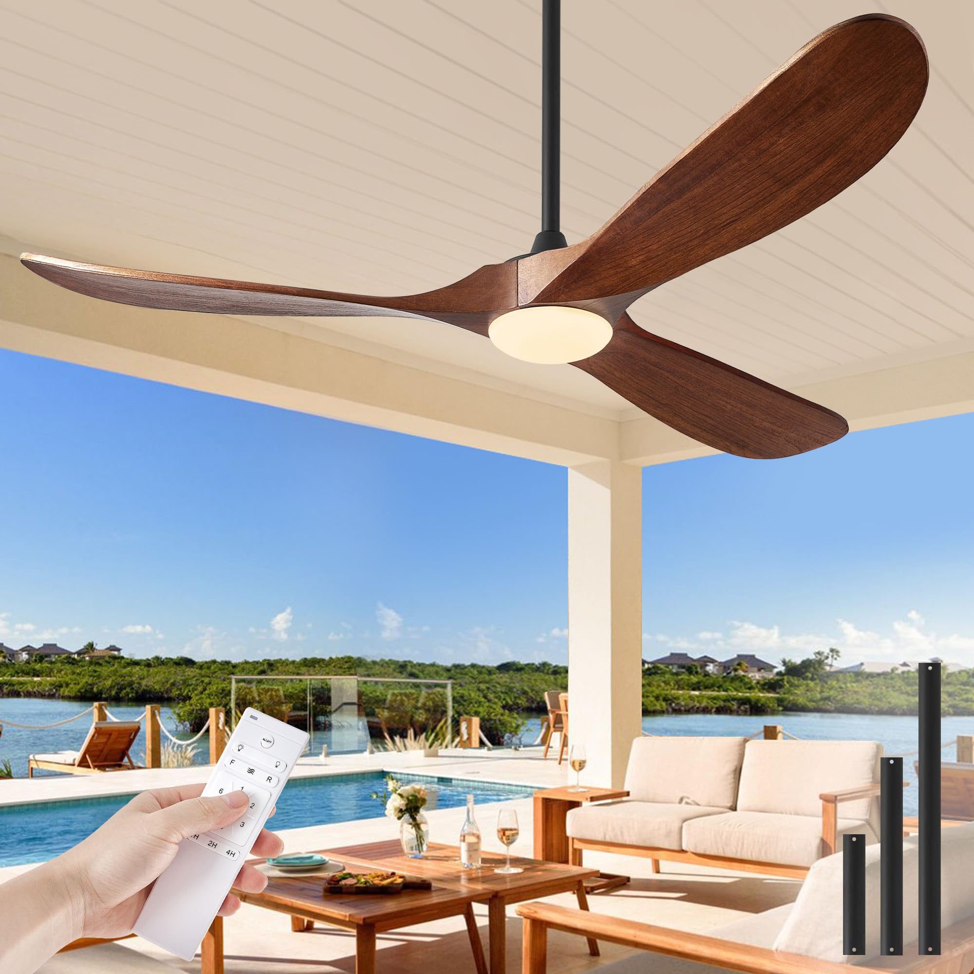 Haipeel Ceiling Fans with Lights, 60 Inch Solid Wood Propeller Ceiling Fans with Lights and Remote Control Outdoor Ceiling Fan f