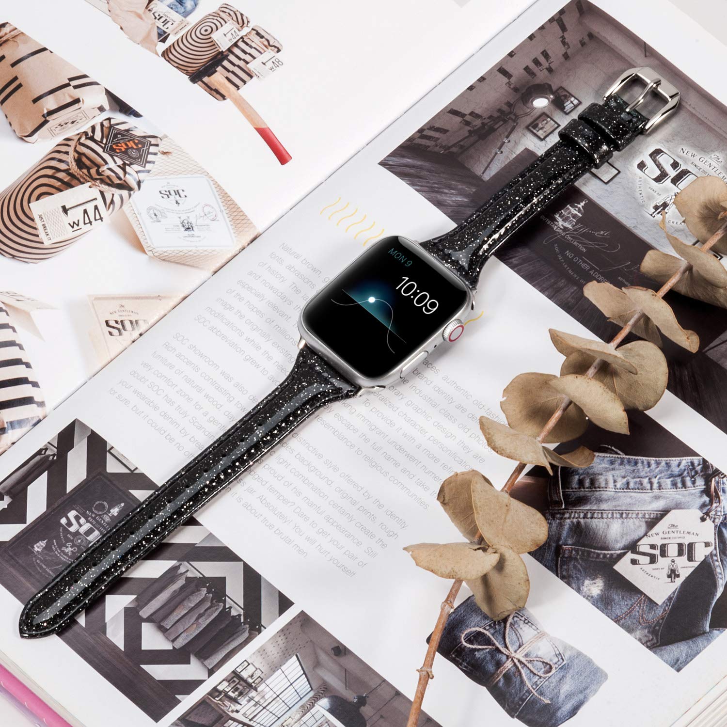 Wearlizer Black Thin Glitter Leather Compatible With Apple Watch Bands 38Mm 40Mm 41Mm Womens For Iwatch Se Slim Wristband Gliste