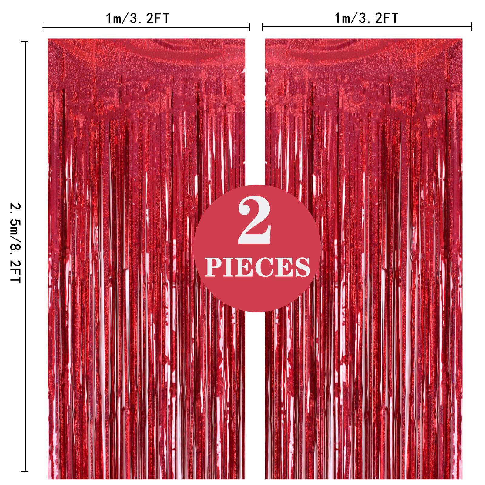 2 Pack 3.2Ft X 8.2Ft Red Foil Fringe Curtain, Glitter Metallic Tinsel Foil Fringe Curtains Photo Booth Backdrop Tinsel Door Curt
