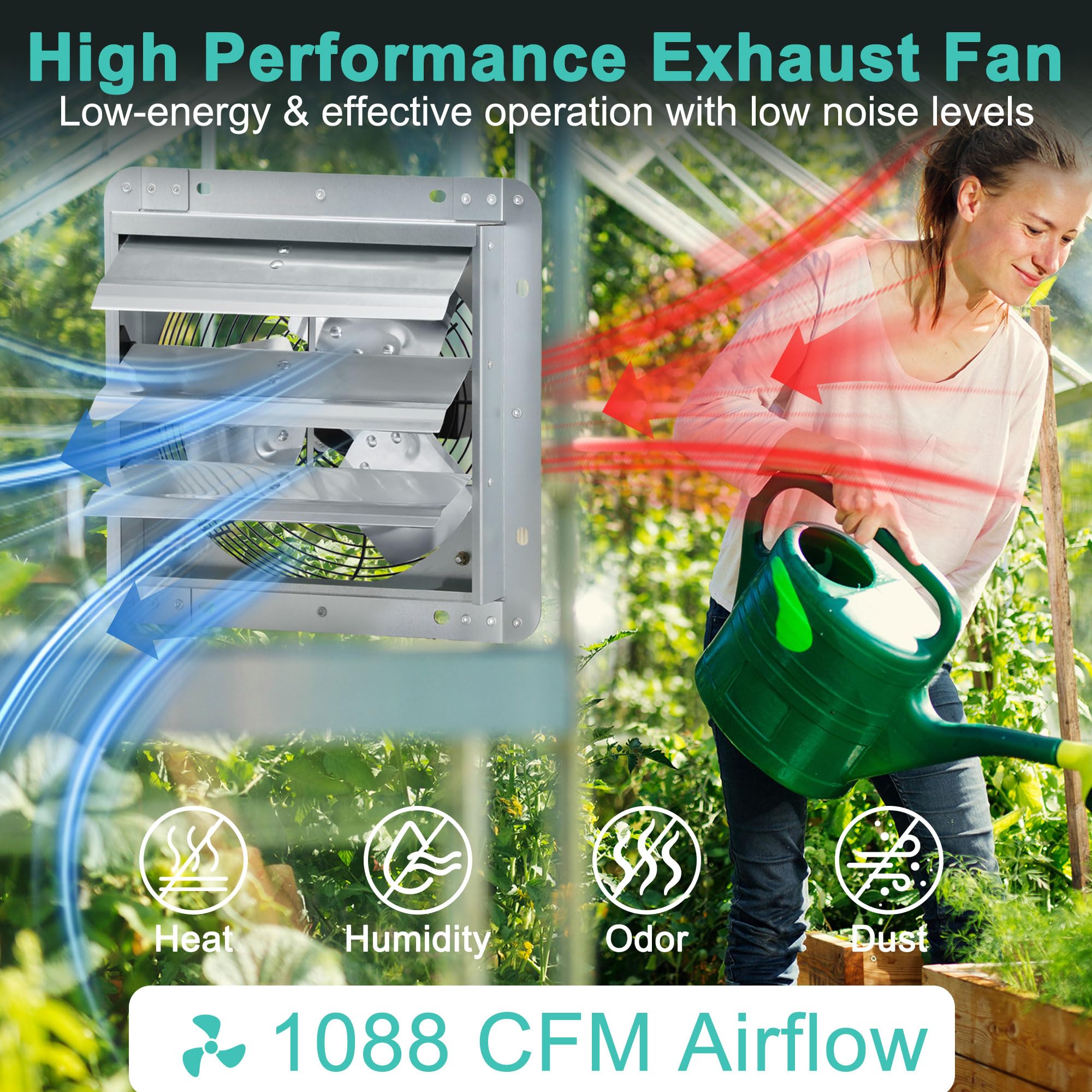 Hipoilk 14 Inch Shutter Exhaust Fan, High Power Wall Mount Attic Fan With Thermostat And Speed Controller For Greenhouses, Sheds