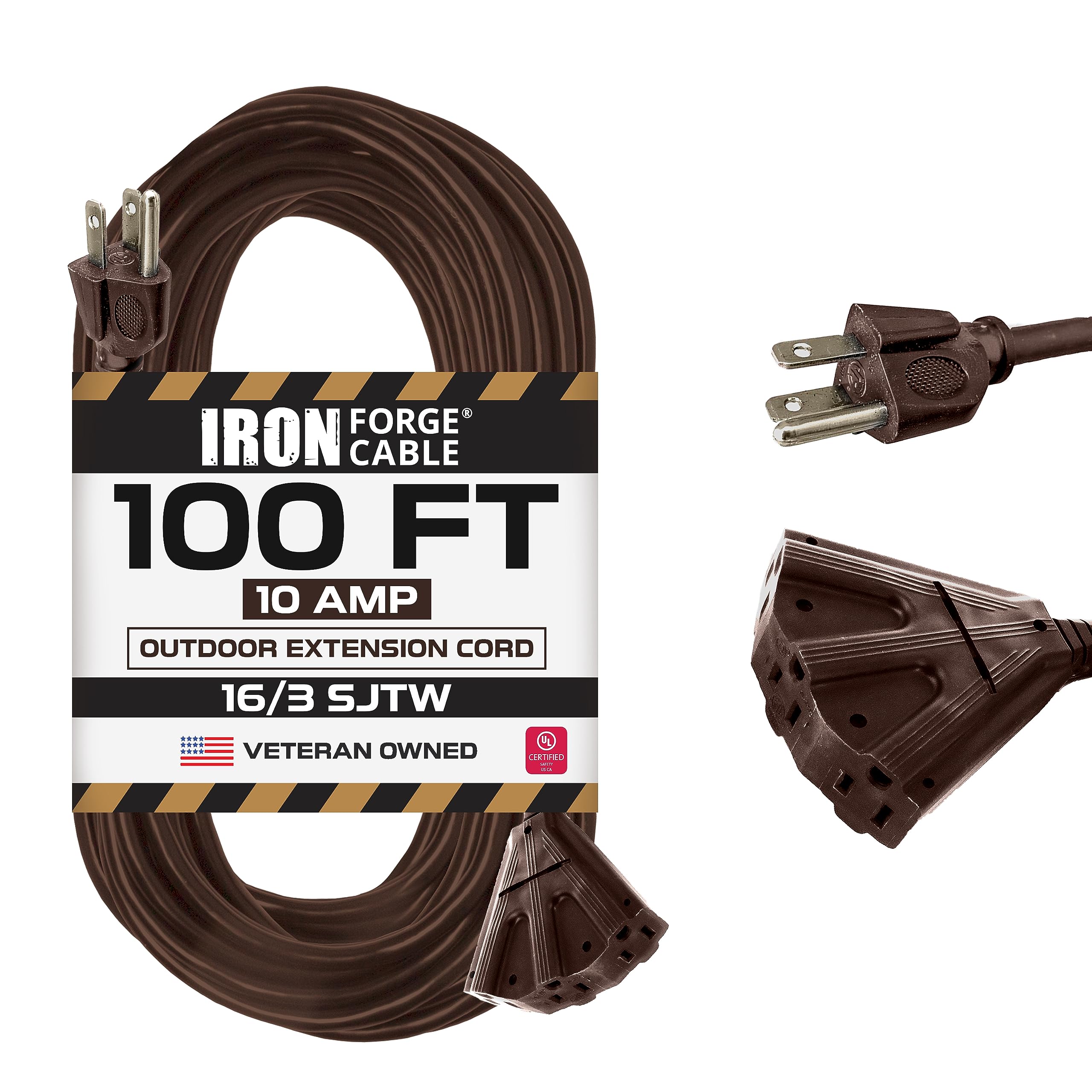 Iron Forge Cable 100 Ft Brown Extension Cord With 3 Outlets,16/3 Sjtw Heavy Duty Outdoor Extension Cord, Multiple Outlets, 3 Pro