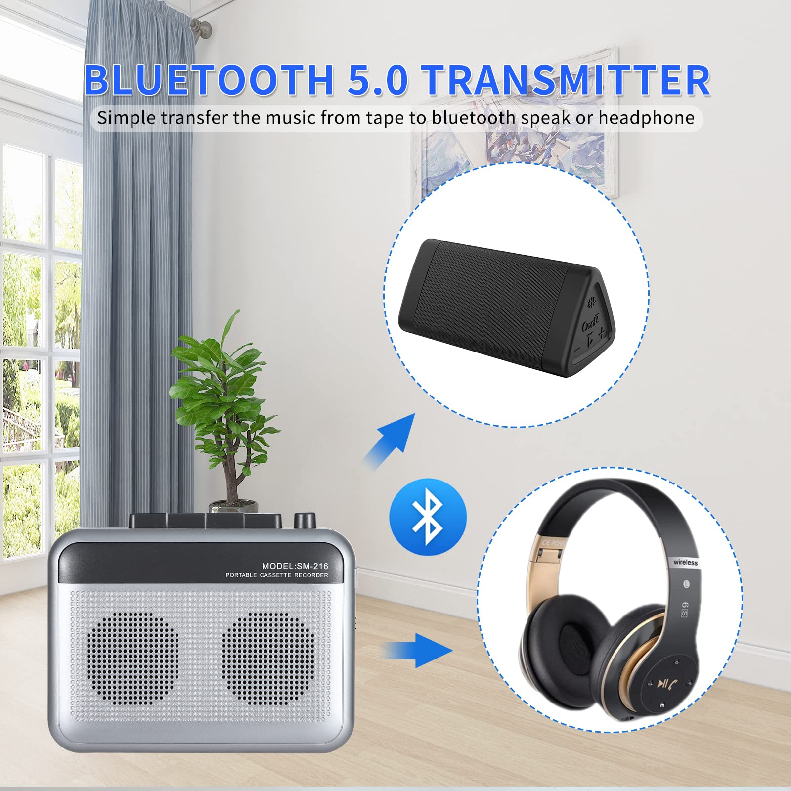 Portable Cassette Player Recorder With Bluetooth Transmitter, Walkman Cassette Tape Player With Headphone Jack, Build In Speaker