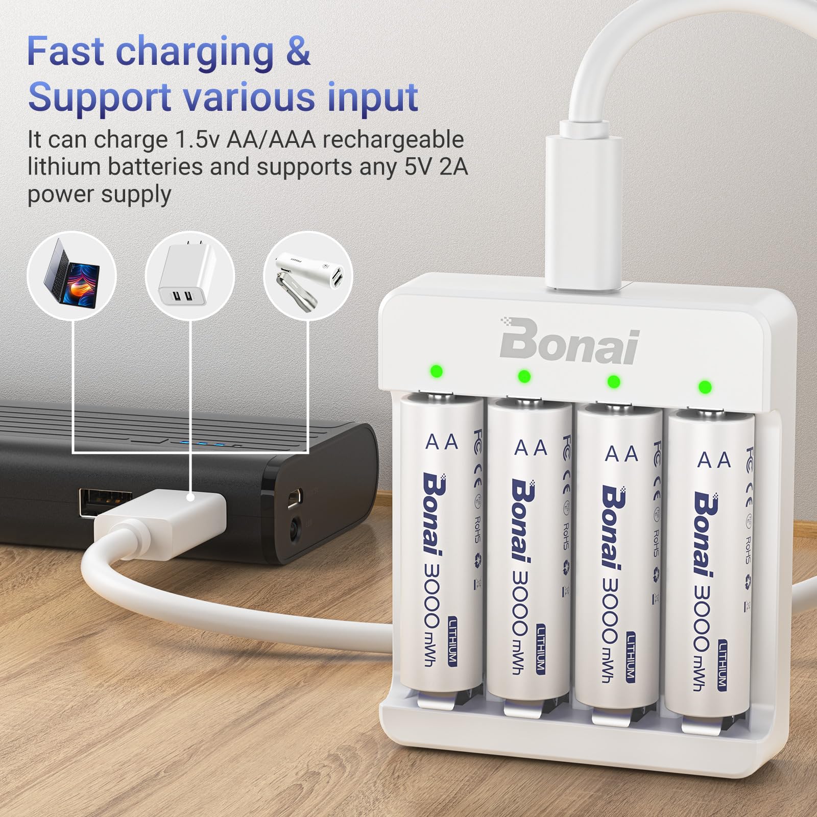Bonai Rechargeable Lithium Aa Batteries With Charger, 3000Mwh 1.5V Aa Batteries For Blink Camera 8 Count With 2H Fast Charge  Wh