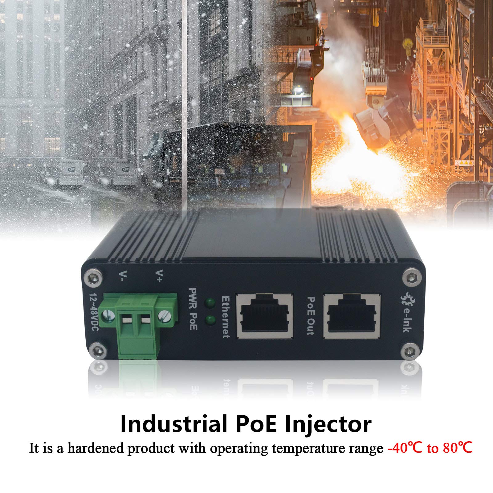 E Link Hardened Industrial Gigabit Poe+ Injector, 12~48V Input Poe+ Adapter, Ieee802.3Af/At 30W Output Up To 328Ft, Din Rail And