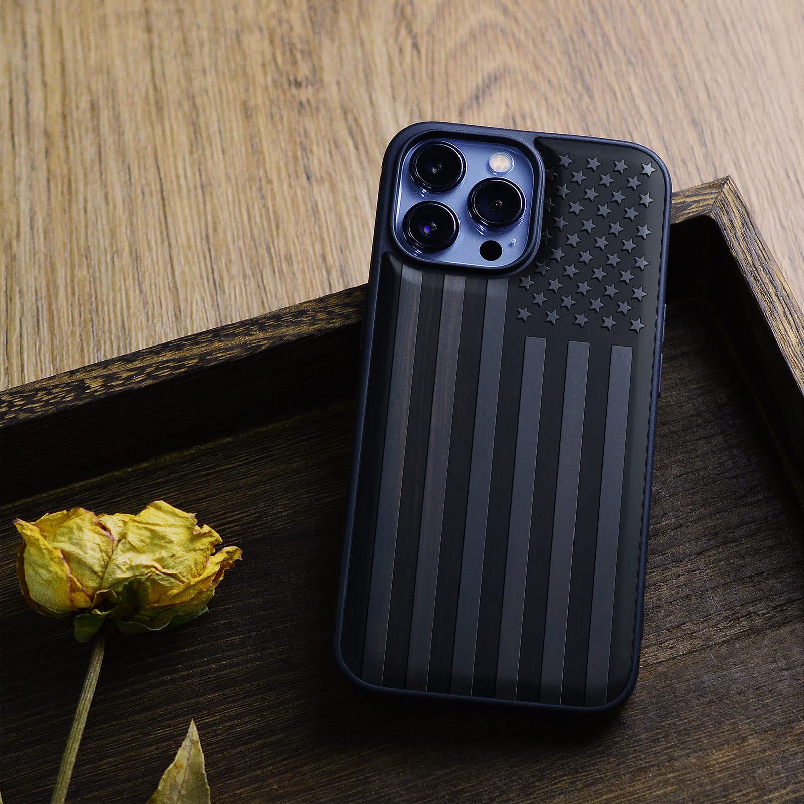 Carveit iPhone 13 Pro Max Magnetic Wood Case Shockproof Hybrid MagSafe Compatible American Flag Blackwood