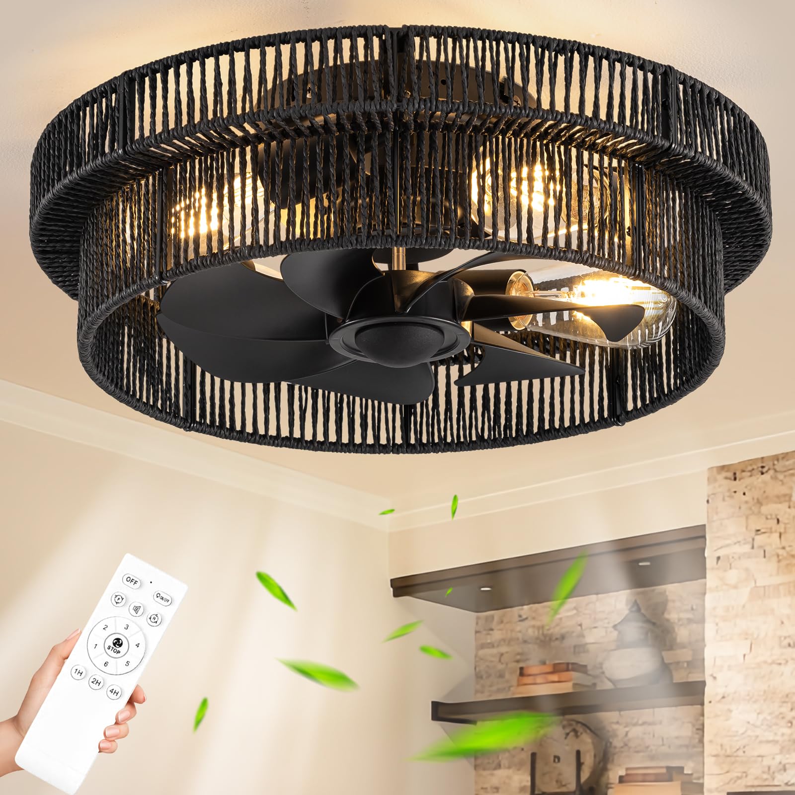 DARYEWO Handwoven Boho Ceiling Fans with Lights Flush Mount,Rattan Farmhouse Caged Fandelier Low Profile Enclosed Chandelier Fan