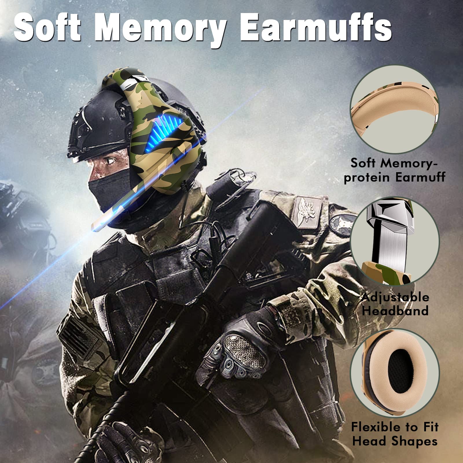 Tatybo Gaming Headset For Ps5 Ps4 Xbox One Switch Pc With Noise Cancelling Over Ear Stereo Bass Surround Sound Gaming Headphone  Camo