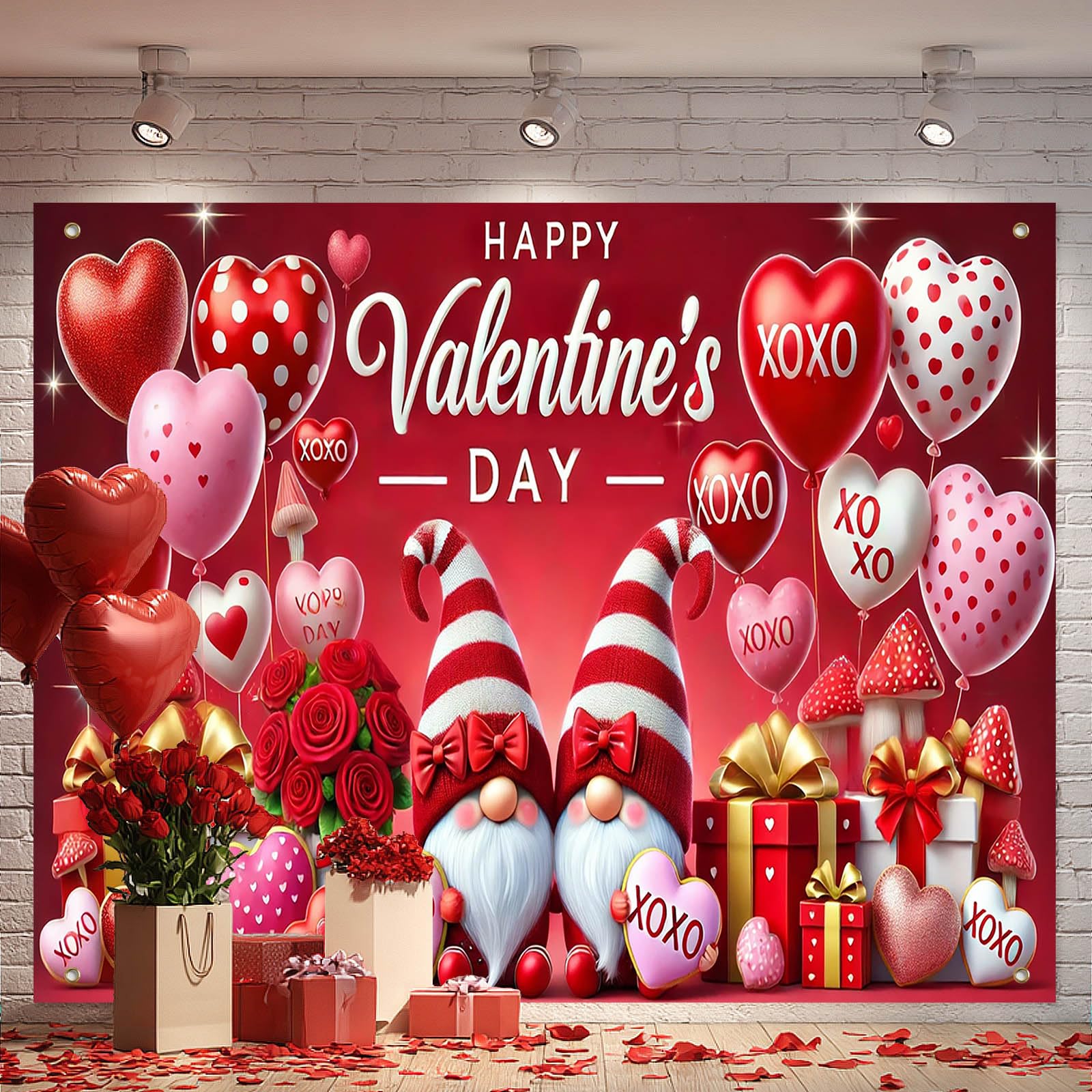 BlissYard Happy Valentines Day Photography Backdrop Love Theme 8x6FT Heart Balloon Gnome Gift Scene Background for Valentines Da