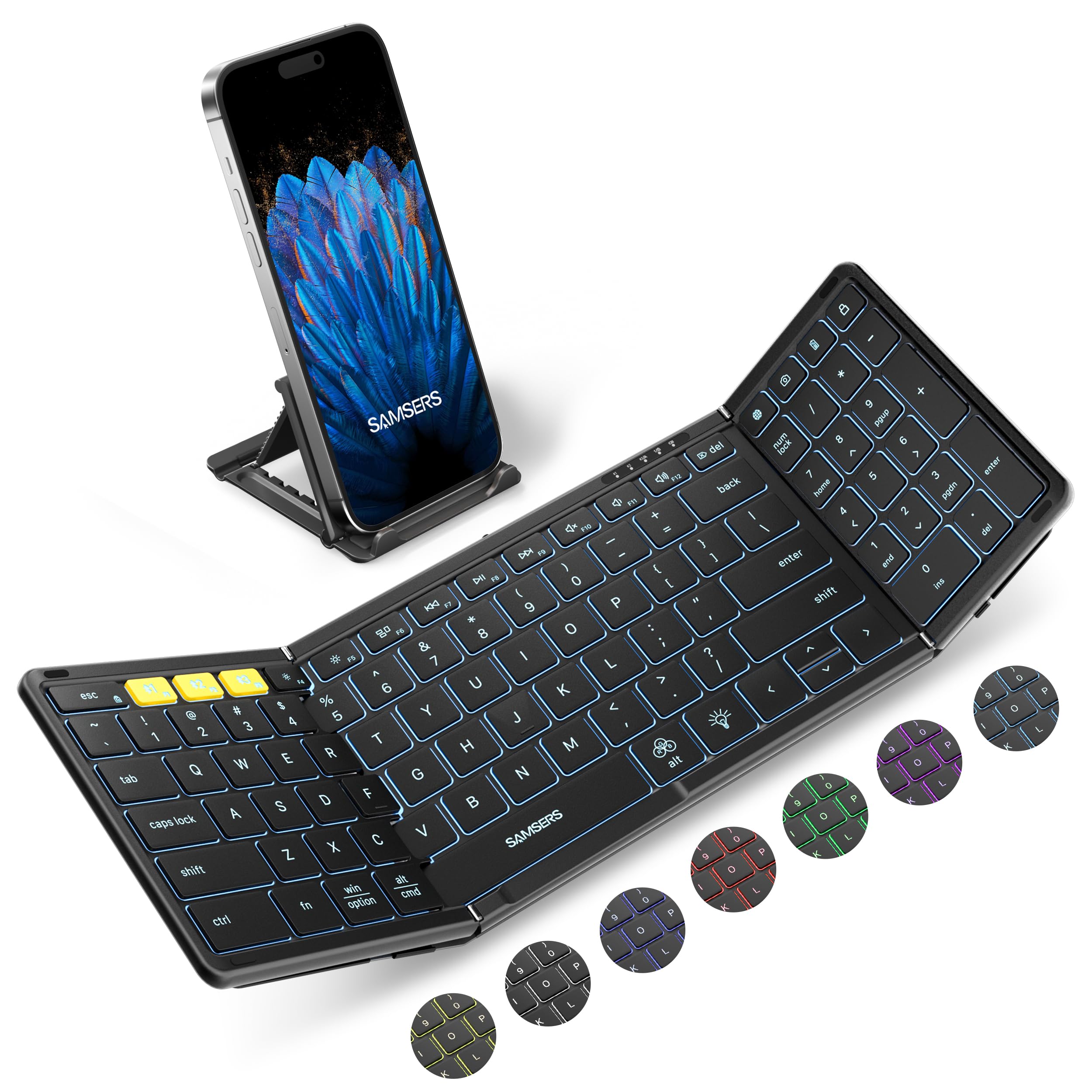 Foldable Bluetooth Keyboard With Numeric Keypad, Samsers Full Size Wireless Folding Keyboard With Backlight, Portable Travel Key