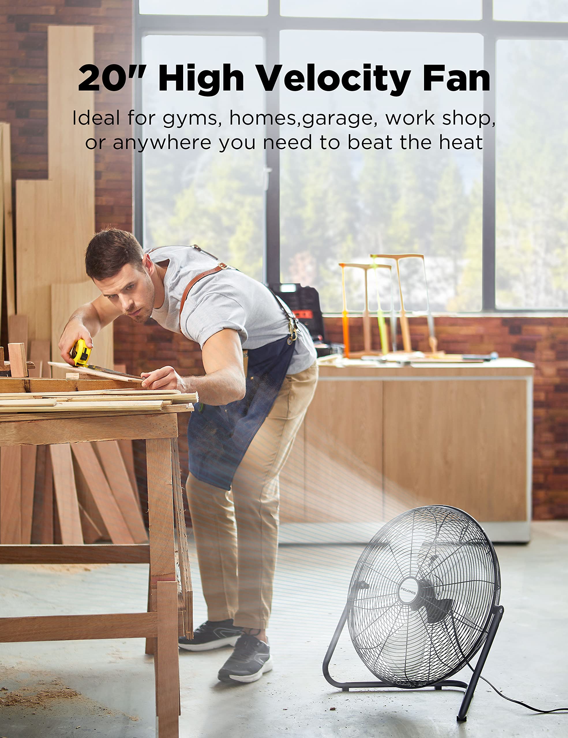 Pelonis Fan 20 Inch Floor Fan | Heavy Duty All Metal High Velocity Floor Fan With 3 Speeds| Adjustable Tilting Head | Quickmount
