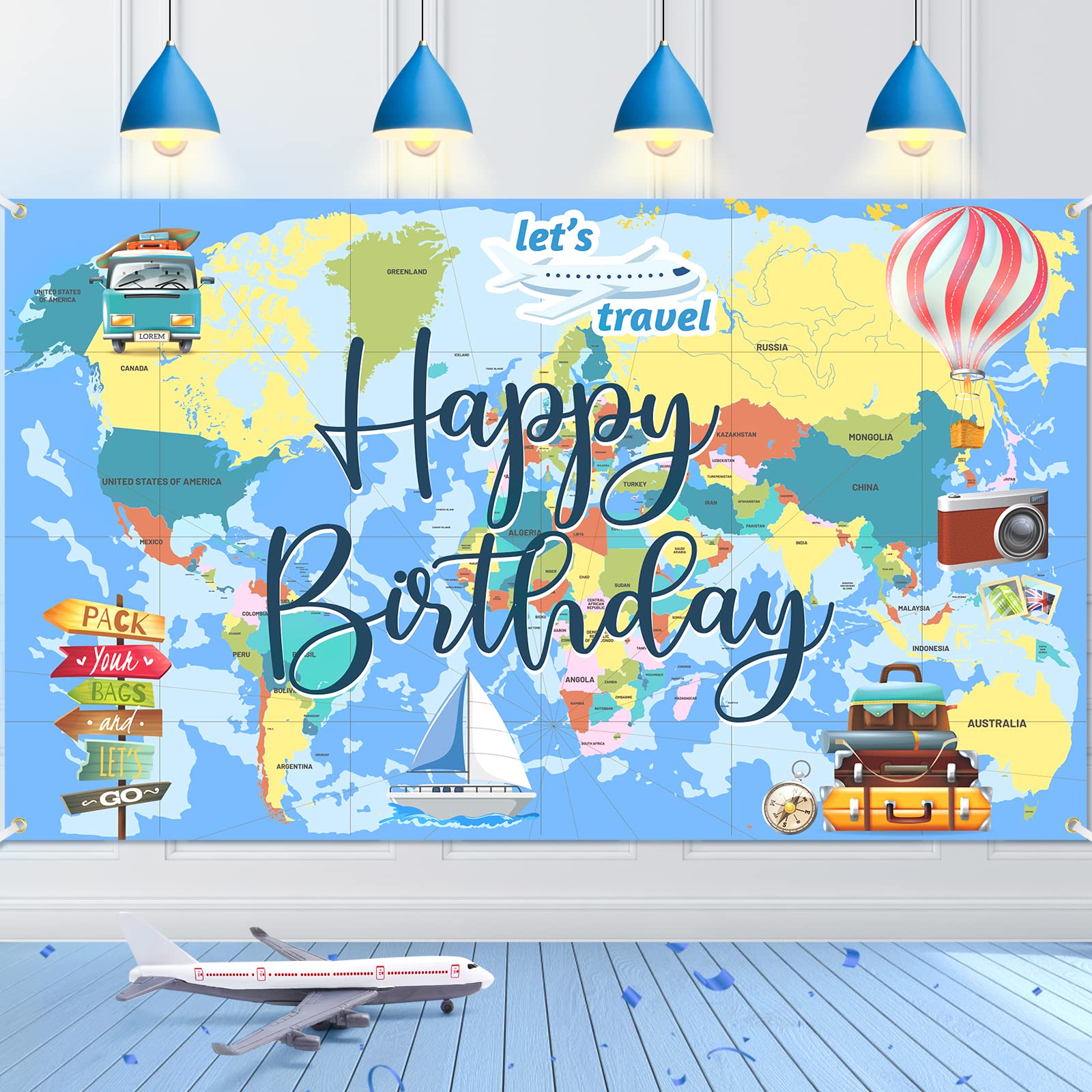 RUMIA Travel Theme Birthday Banner Decorations Adventure Awaits, Includes Banner & Rope, Beige Polyester, Suitable for Birthday,