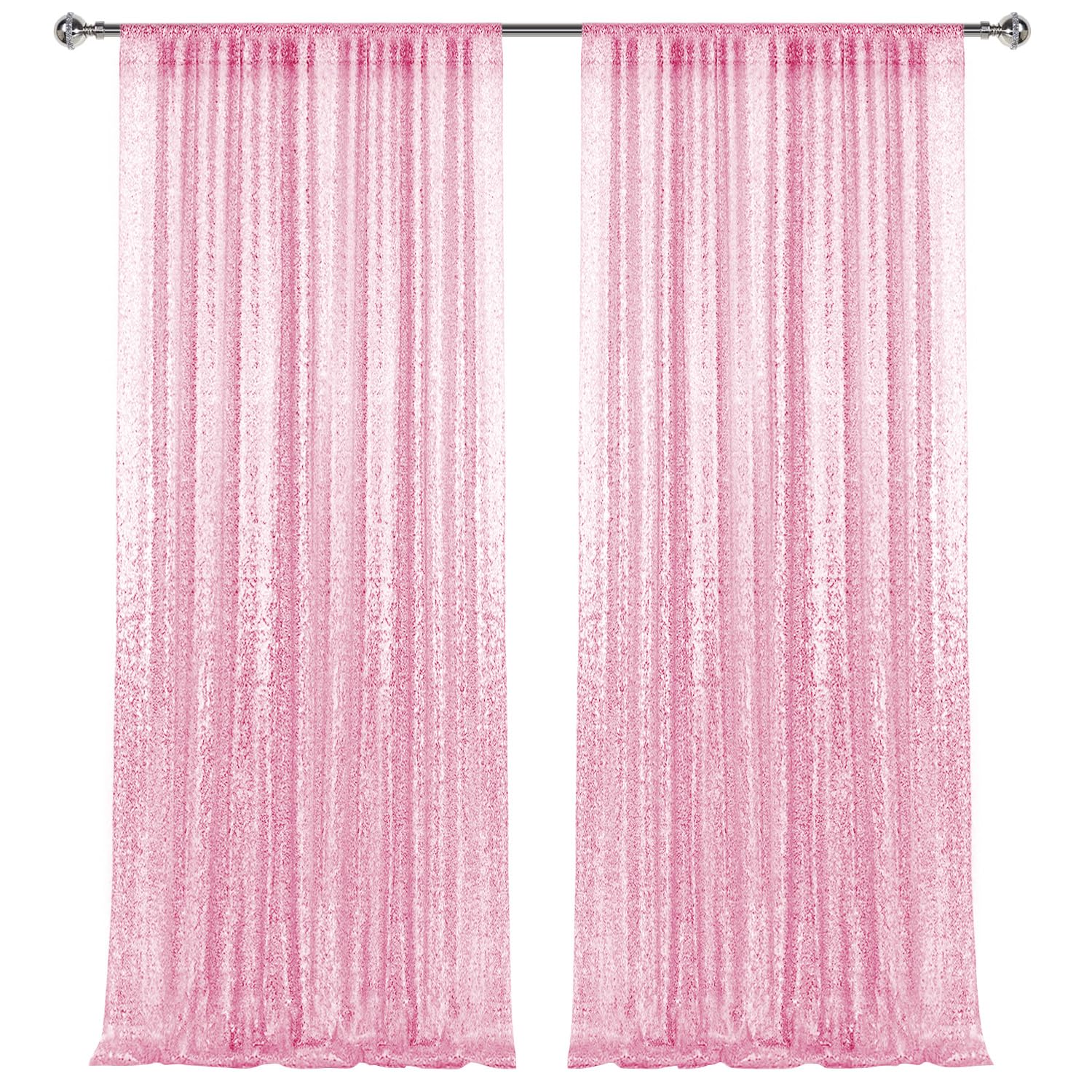2  8Ft 2Pcs Pink Sequin Backdrop Curtains Panels, Photography Backdrop Glitter Curtains Fabric Background For Christmas Wedding