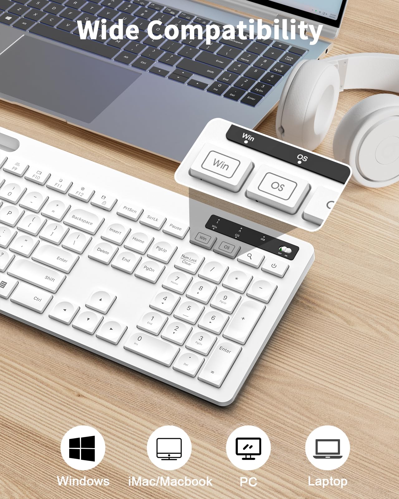 White Keyboard And Mouse Wireless, Seenda Full Size Keyboard With Phone Holder Usb A & Type C Receiver 2.4G Silent Usb Keyboard