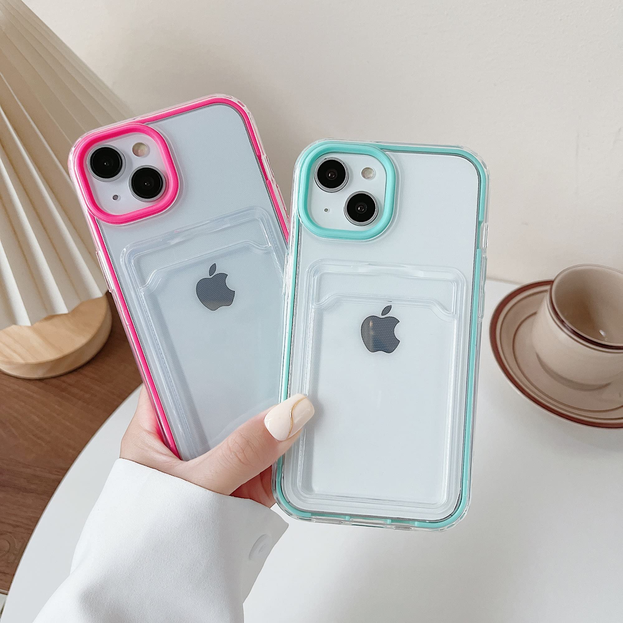 Caseative Candy Color Card Holder Clear Shockproof Soft Compatible With Iphone Case (Blue,Iphone 14 Pro Max)