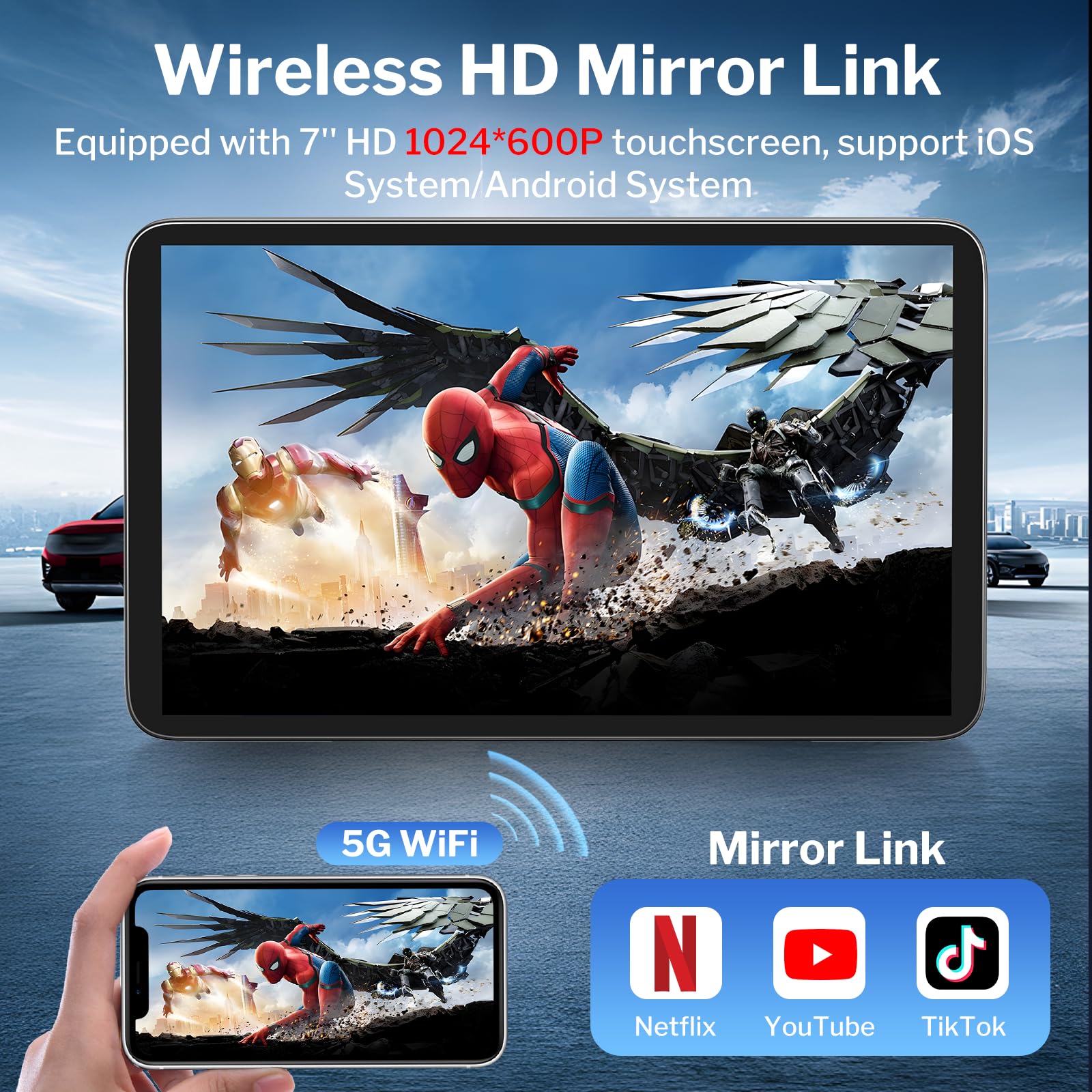 Wireless Apple Carplay Screen For Cars, 7 Hd Portable Car Stereo Touch Screen For Apple Carplay & Android Auto With Backup Camer