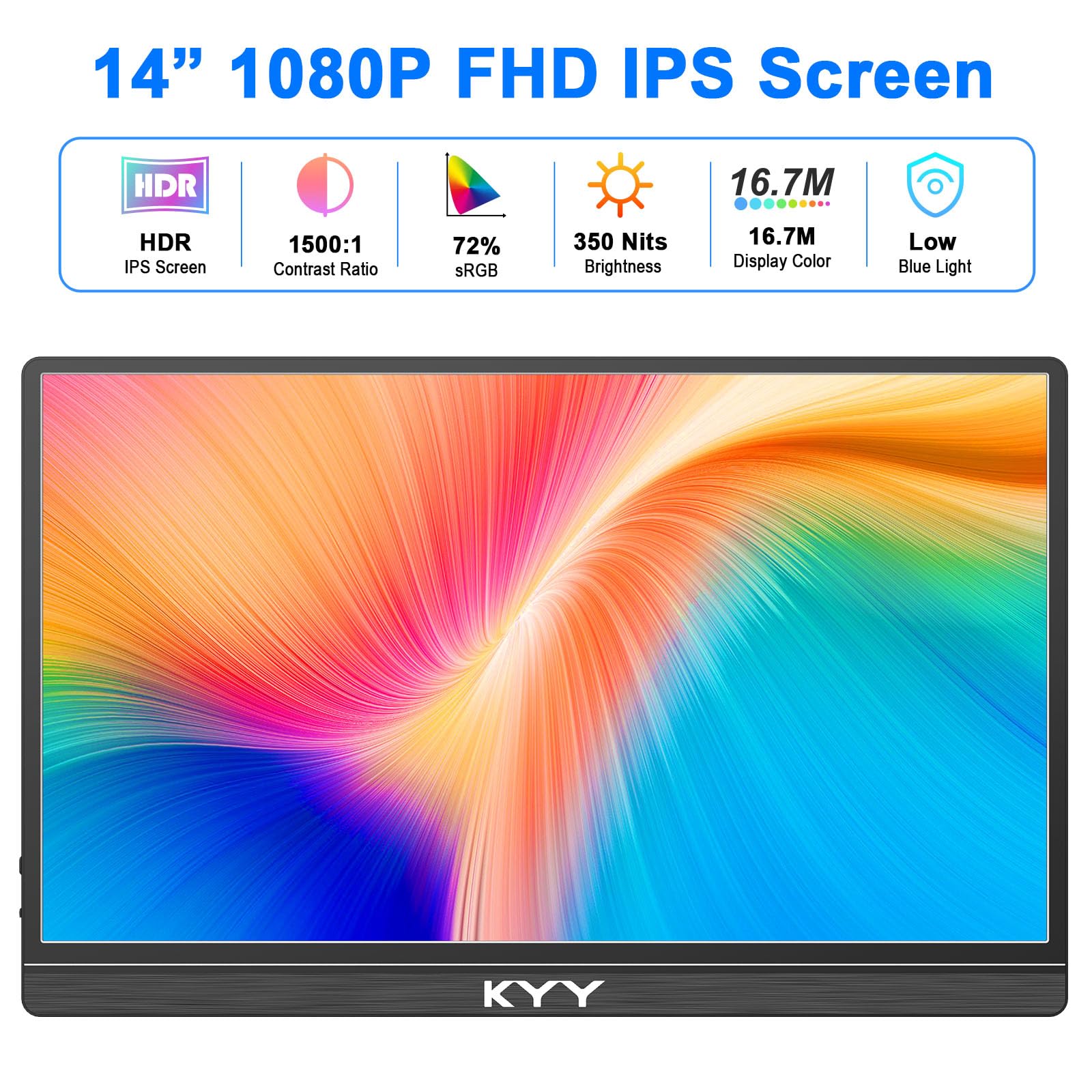 Kyy Portable Monitor For Laptop, 14'' Fhd 1080P Travel Monitor, Usb C & Hdmi Computer Gaming Screen With Vesa Mount & Smart Cove