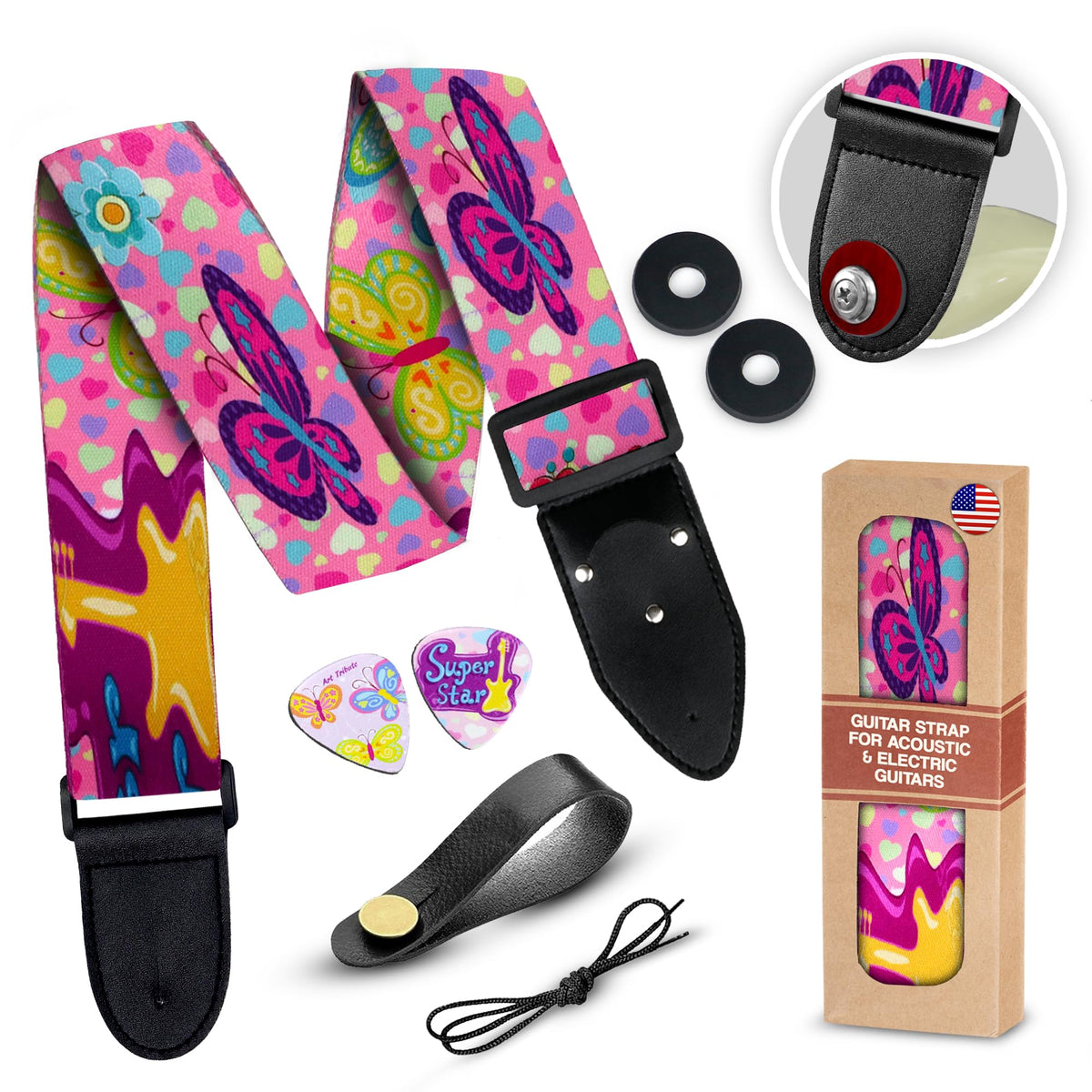 Art Tribute Pink Guitar Strap Adjustable For Kids & Girls   Christmas Gift & Stocking Stuffer Bundle   2 Strap Locks & 2 Matchin