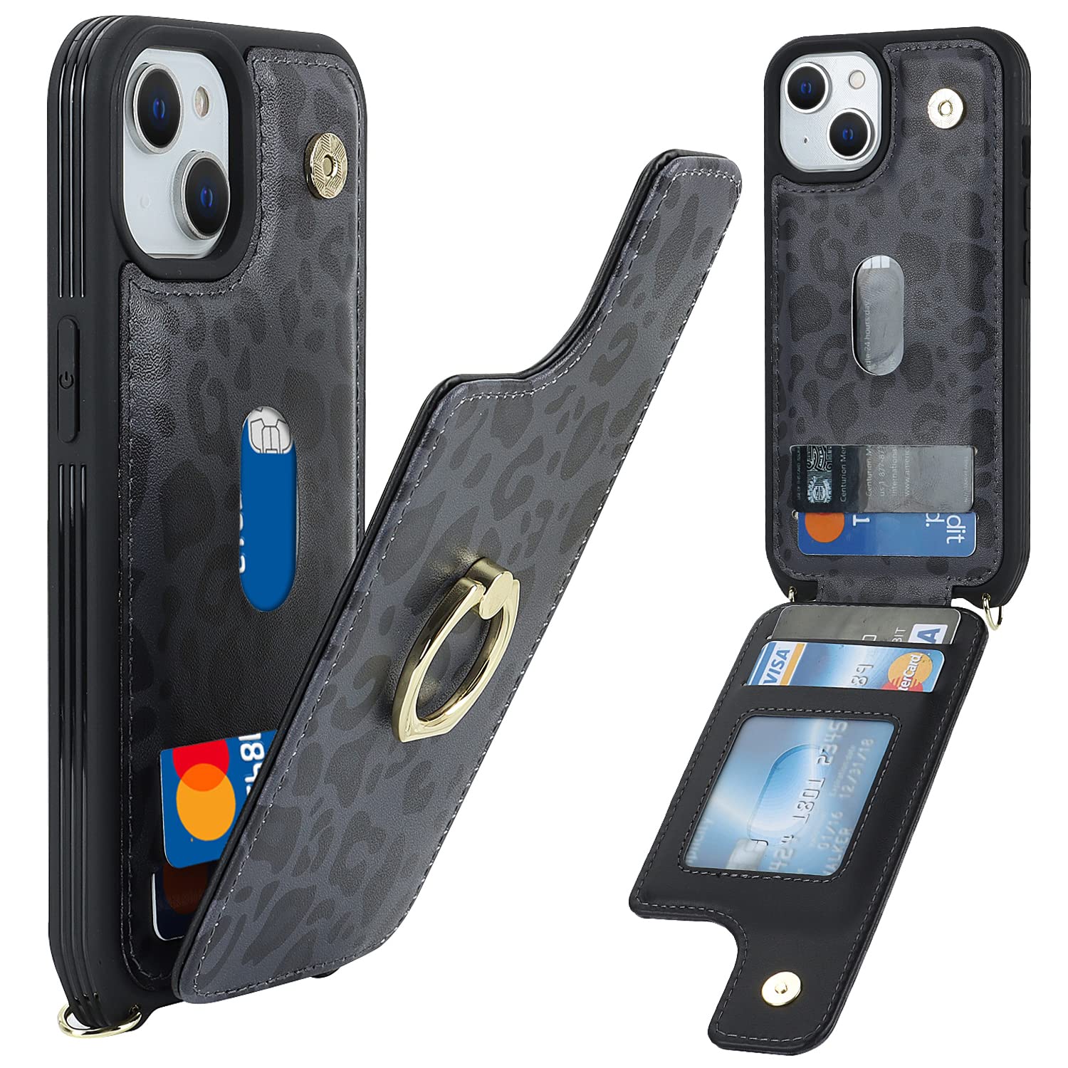 Lipvina For Iphone 13 Case With Card Holder For Women,Phone Case With Strap,Crossbody Lanyard,Ring Stand,Snap Clasp,Cute Wallet