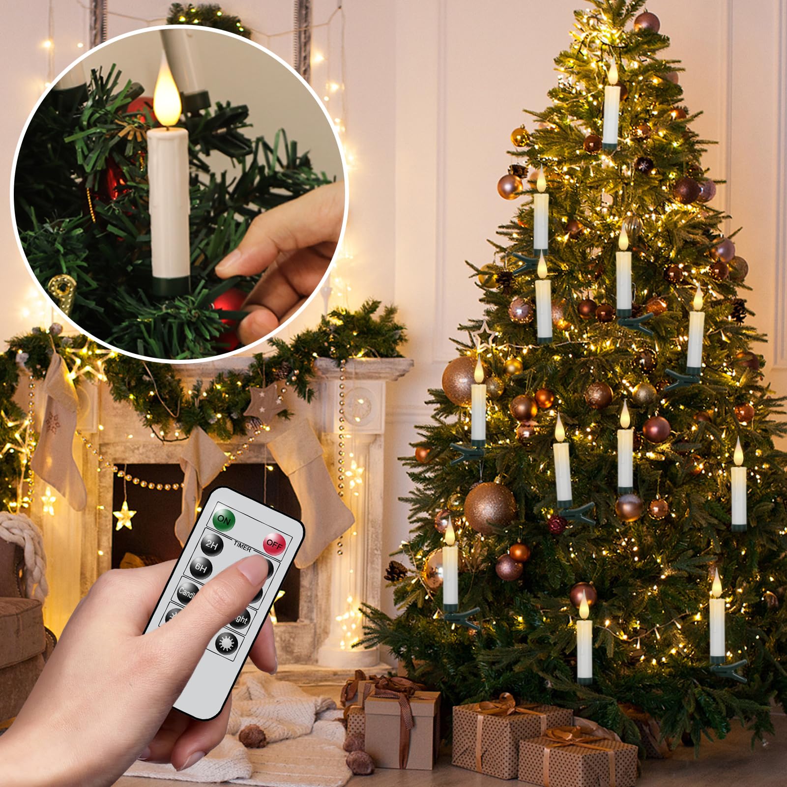 Dromance Christmas Tree Flameless Taper Candle Lights Battery Operated With 10 Key Remote And Timer, 10 Pack Plastic 3D Wick Fli