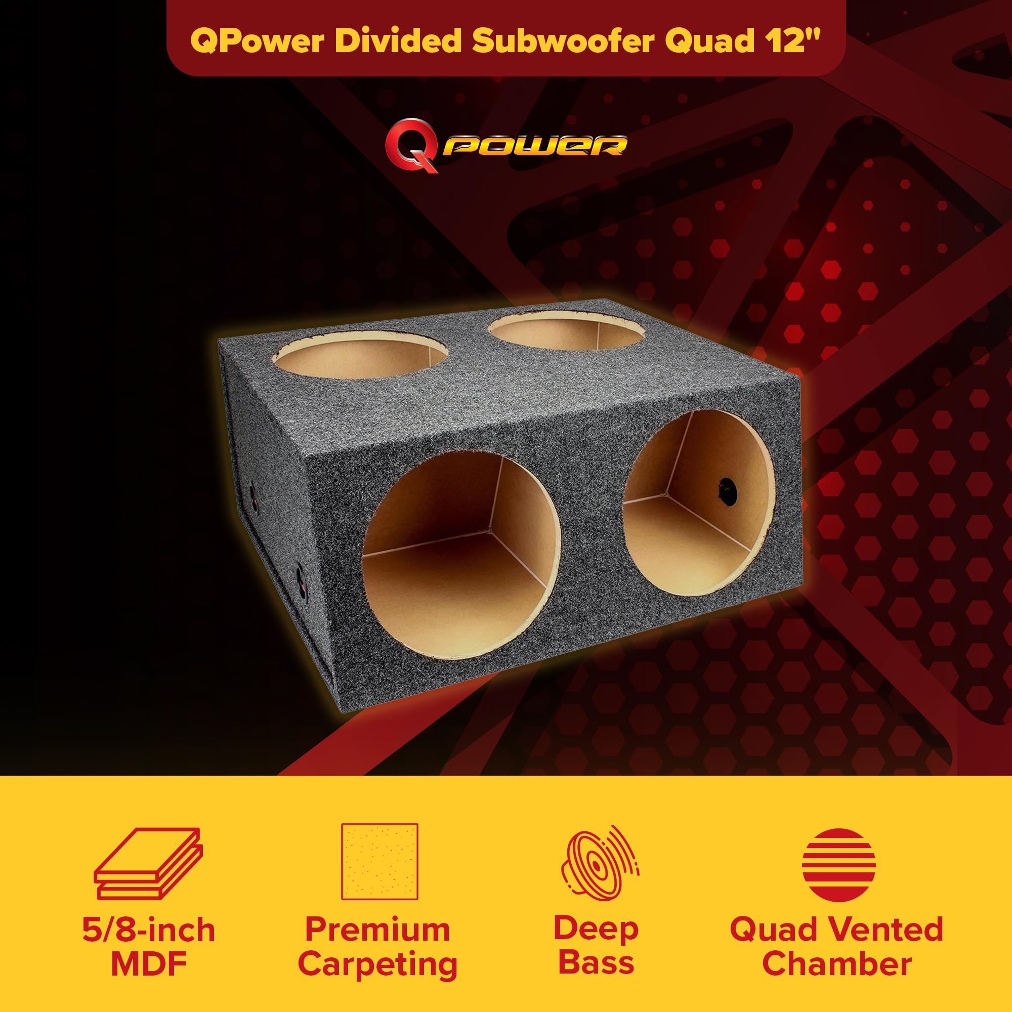 Qpower Quad Easy Set 4 Hole 12 Inch Sealed Divided Speaker Box Subwoofer Enclosure Mdf Construction Carpeted Car Audio Universal
