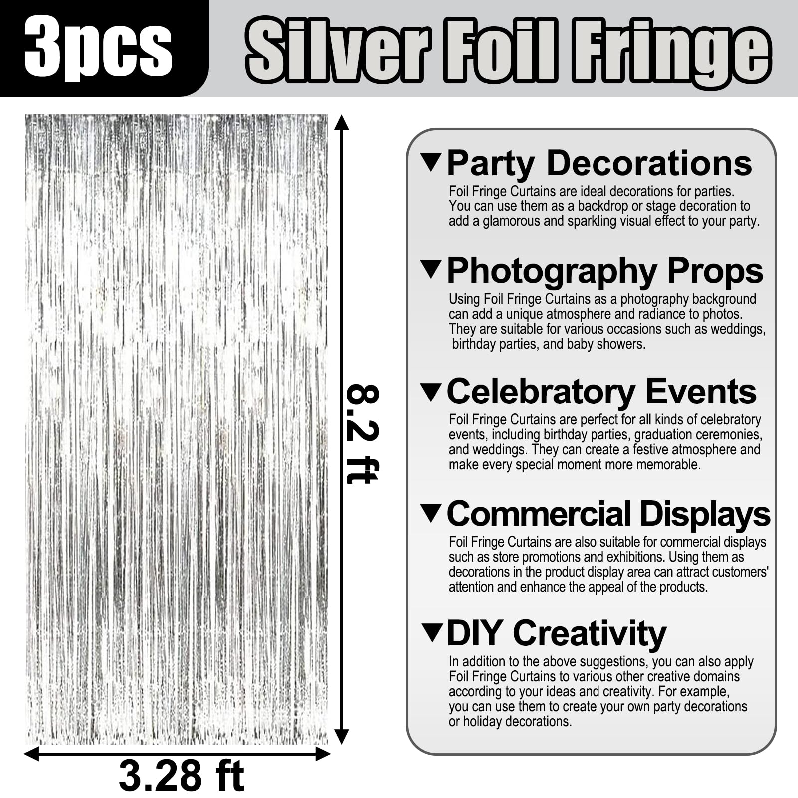 3 Pack Silver Foil Fringe Curtain Backdrop, 3.28Ft X 8.2Ft Metallic Tinsel Foil Fringe Streamer Curtains For Photo Booth, Christ