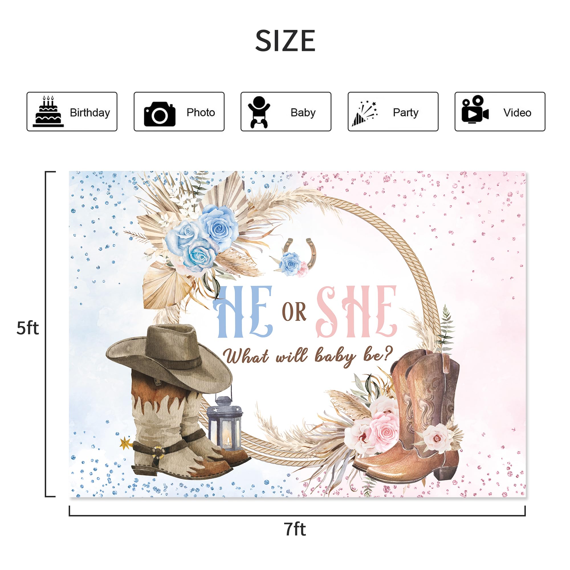 Lightinhome Cowboy Or Cowgirl Gender Reveal Backdrop 7Wx5H Feet For Rustic Farmhouse Flower Floral Pampas Boots Western Country
