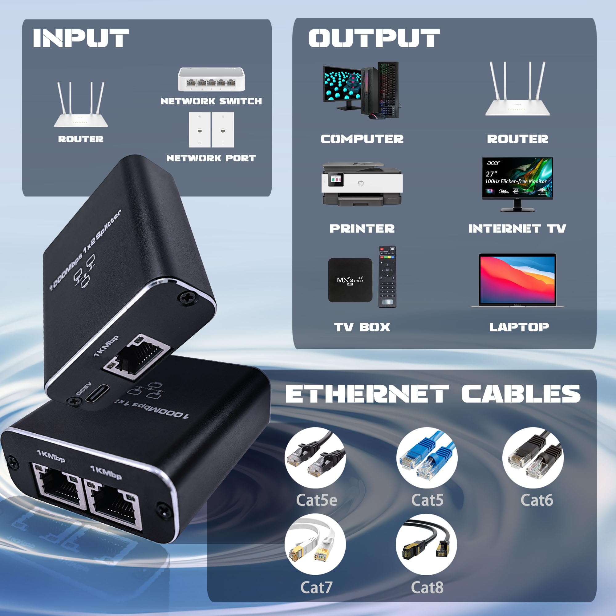 Liezhua Gigabit Ethernet Splitter 1 To 2   Network Splitter With Usb Power Cable, Rj45 Internet Splitter Adapter 1000Mbps High S