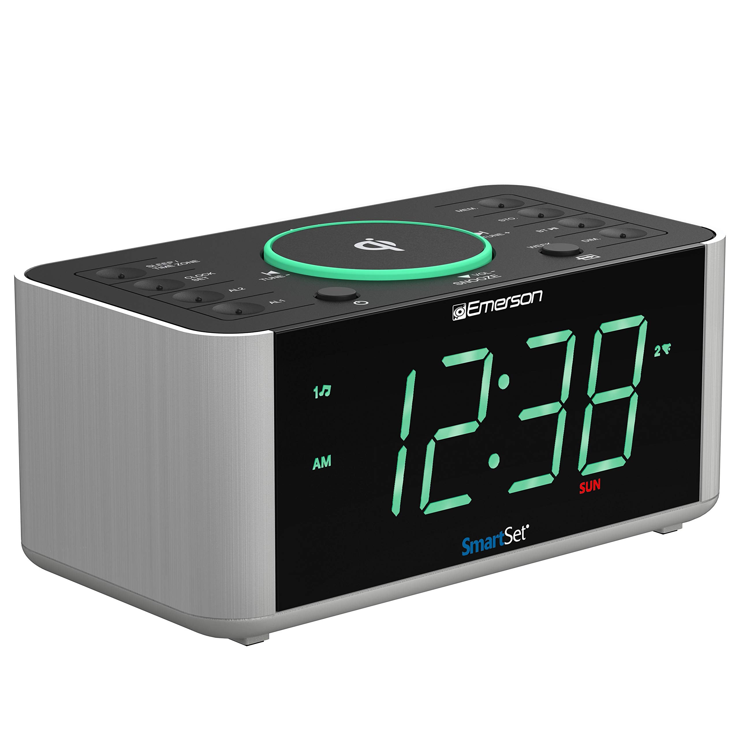 Emerson Smartset Dual Alarm Clock Radio And Qi Wireless Phone Charger With Bluetooth, All Qi Compatible Phones, Er100202