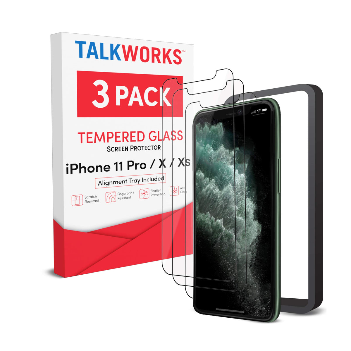 Talk Works Tempered Glass Screen Protector For Iphone 11 Pro/Xs/X   Includes Installation Tray, Anti Glare, Shatter Proof, Ultra